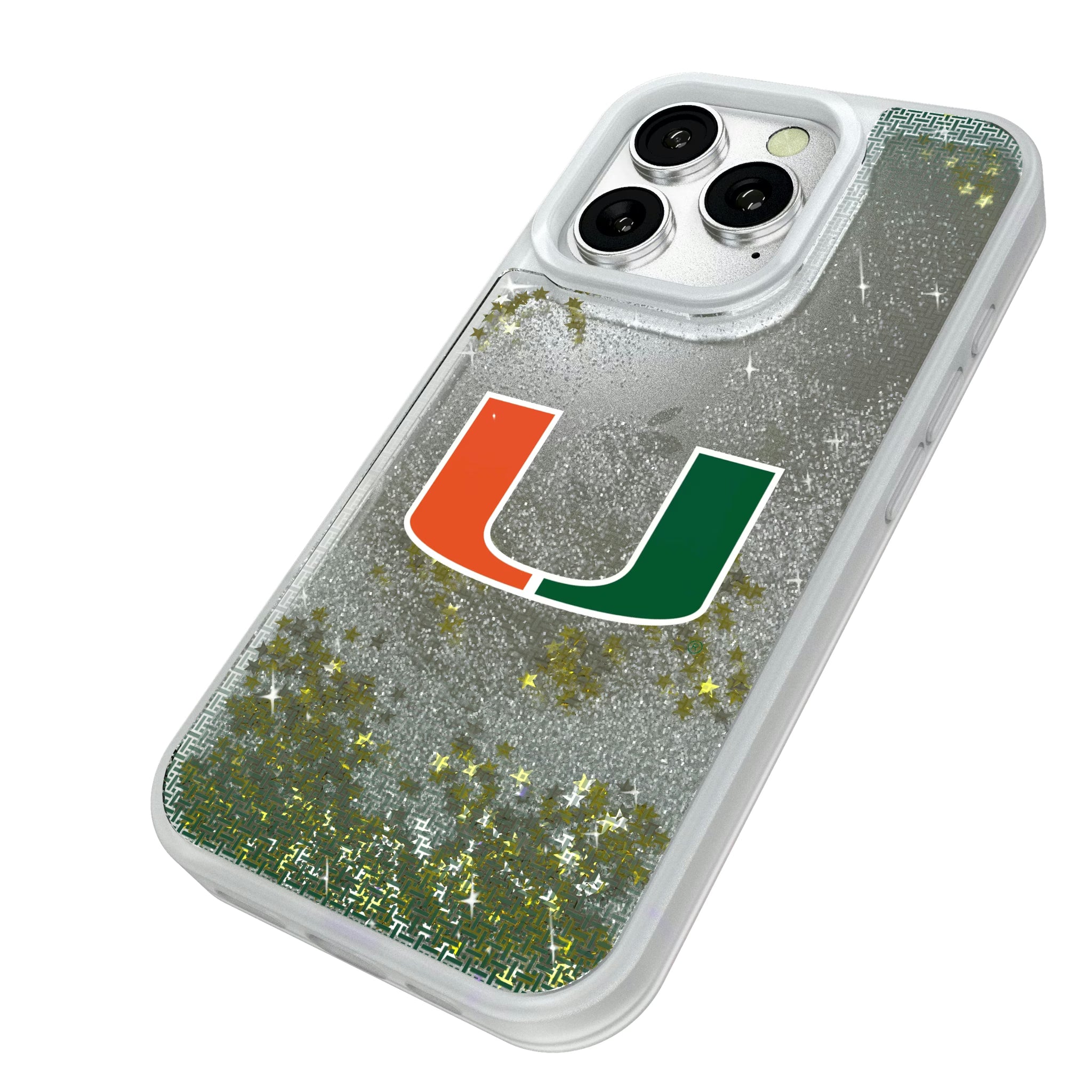 University of Miami Hurricanes Linen iPhone Glitter Phone Case for Apple iPhone - Isometric View#Device_iPhone 16 Pro