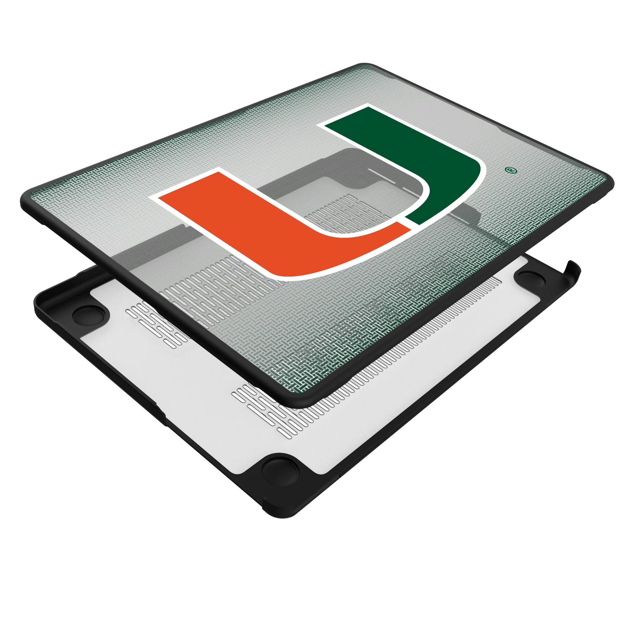University of Miami Hurricanes Linen MacBook Laptop Case for Apple MacBook - Isometric View#Device_MacBook Pro (14-inch, 2021) / MacBook Pro (14-inch, 2023) / MacBook Pro (14-inch, 2024)