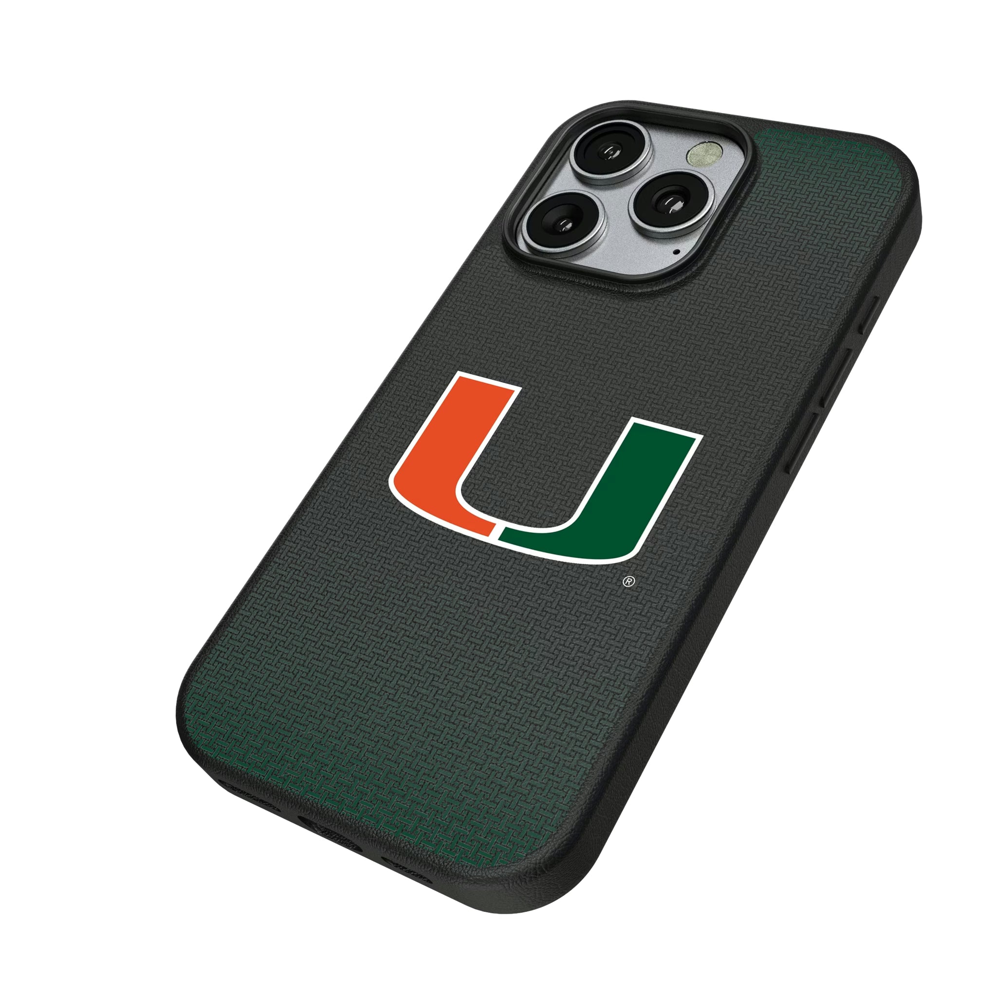 University of Miami Hurricanes Linen iPhone MagSafe Compatible Phone Case for Apple iPhone - Isometric View