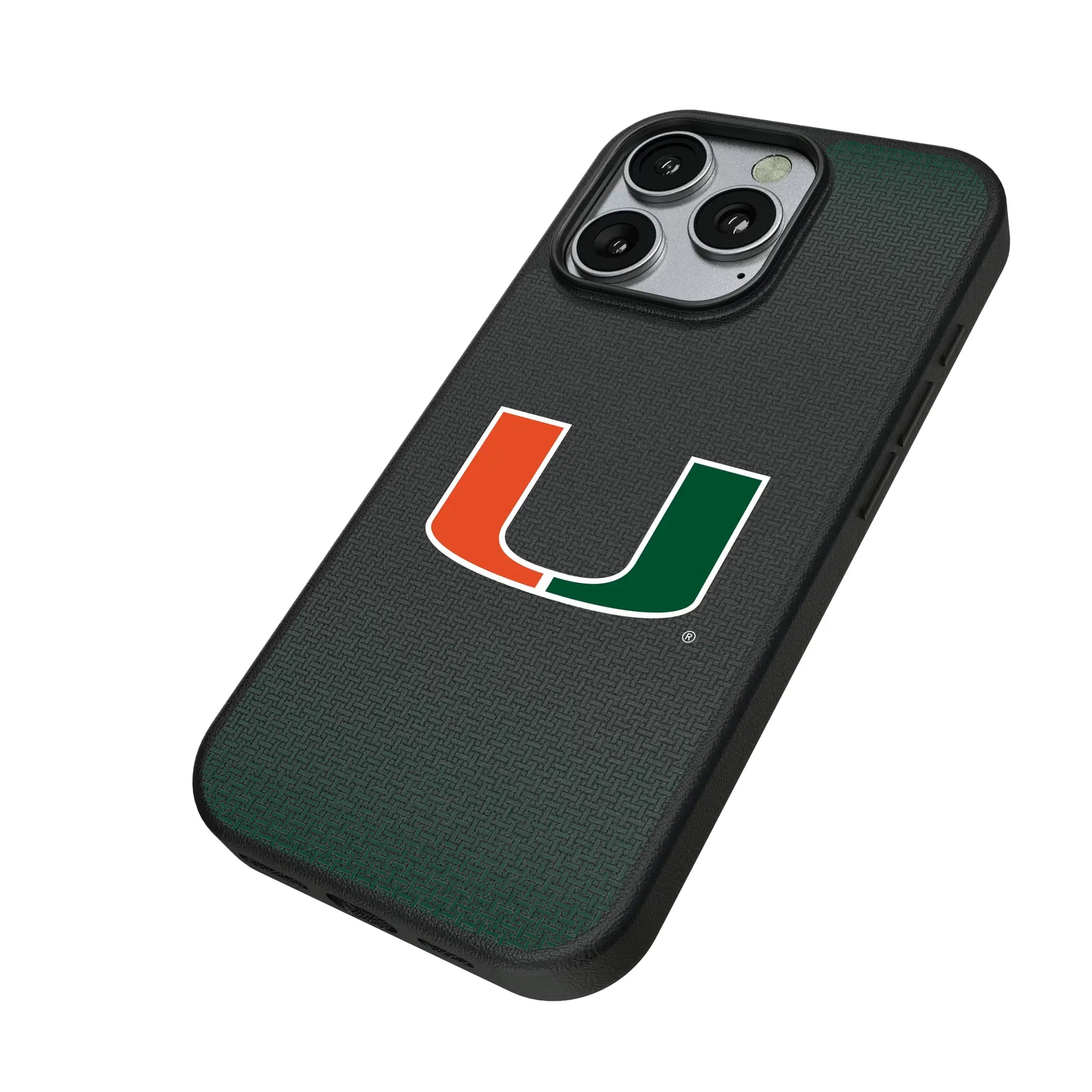 University of Miami Hurricanes Linen iPhone MagSafe Compatible Phone Case for Apple iPhone - Isometric View