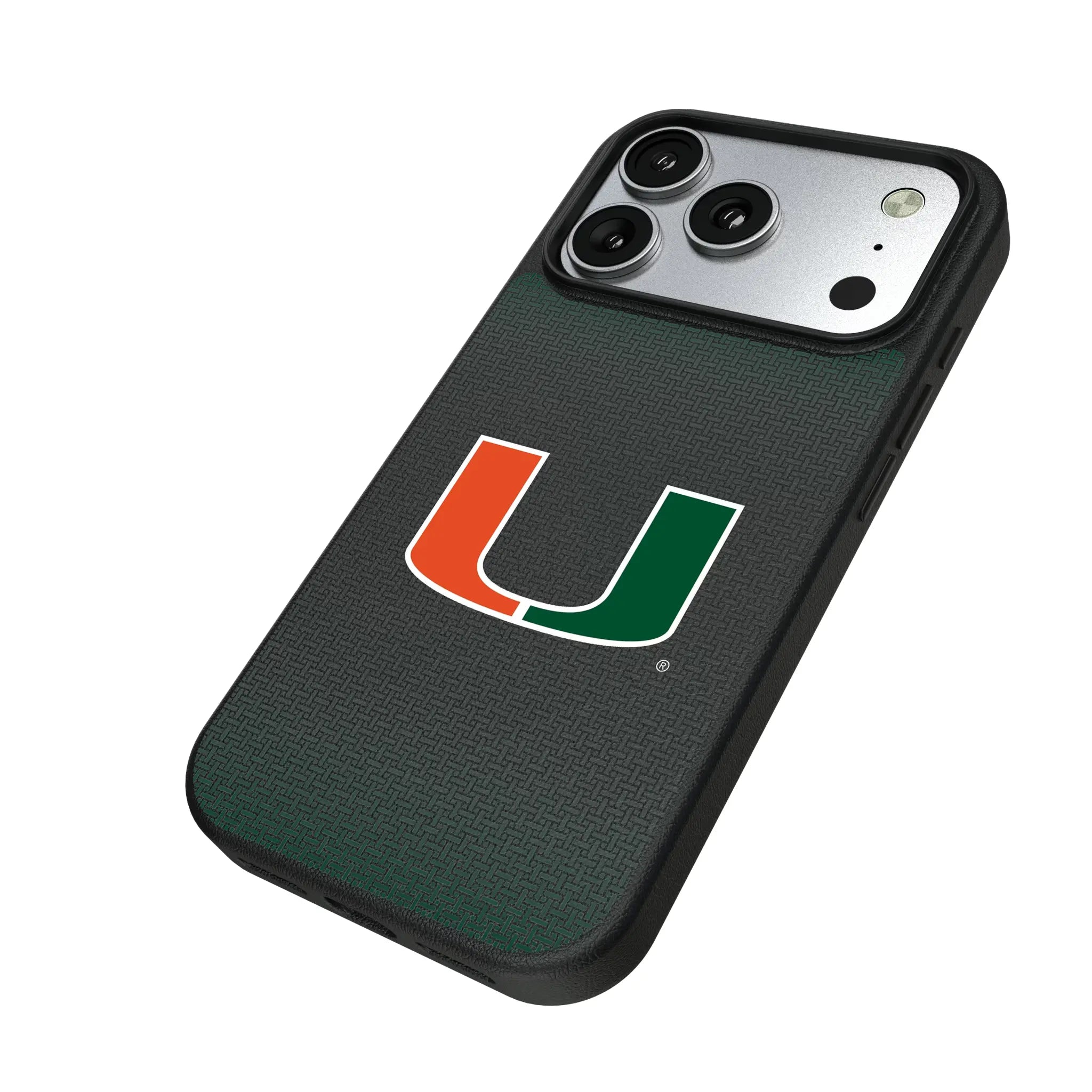University of Miami Hurricanes Linen iPhone MagSafe Compatible Phone Case for Apple iPhone - Isometric View#Device_iPhone 17 Pro