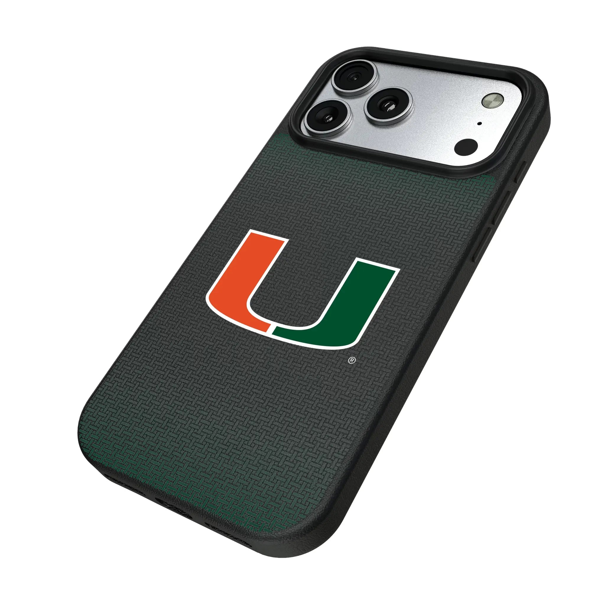 University of Miami Hurricanes Linen iPhone MagSafe Compatible Phone Case for Apple iPhone - Isometric View#Device_iPhone 17 Pro Max