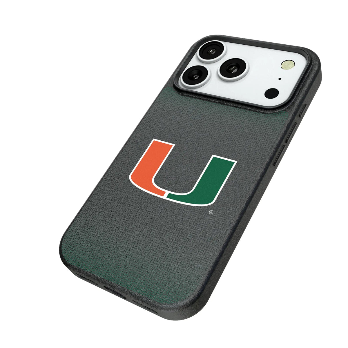 University of Miami Hurricanes Linen iPhone MagSafe Compatible Phone Case for Apple iPhone - Isometric View#Device_iPhone 18 Pro