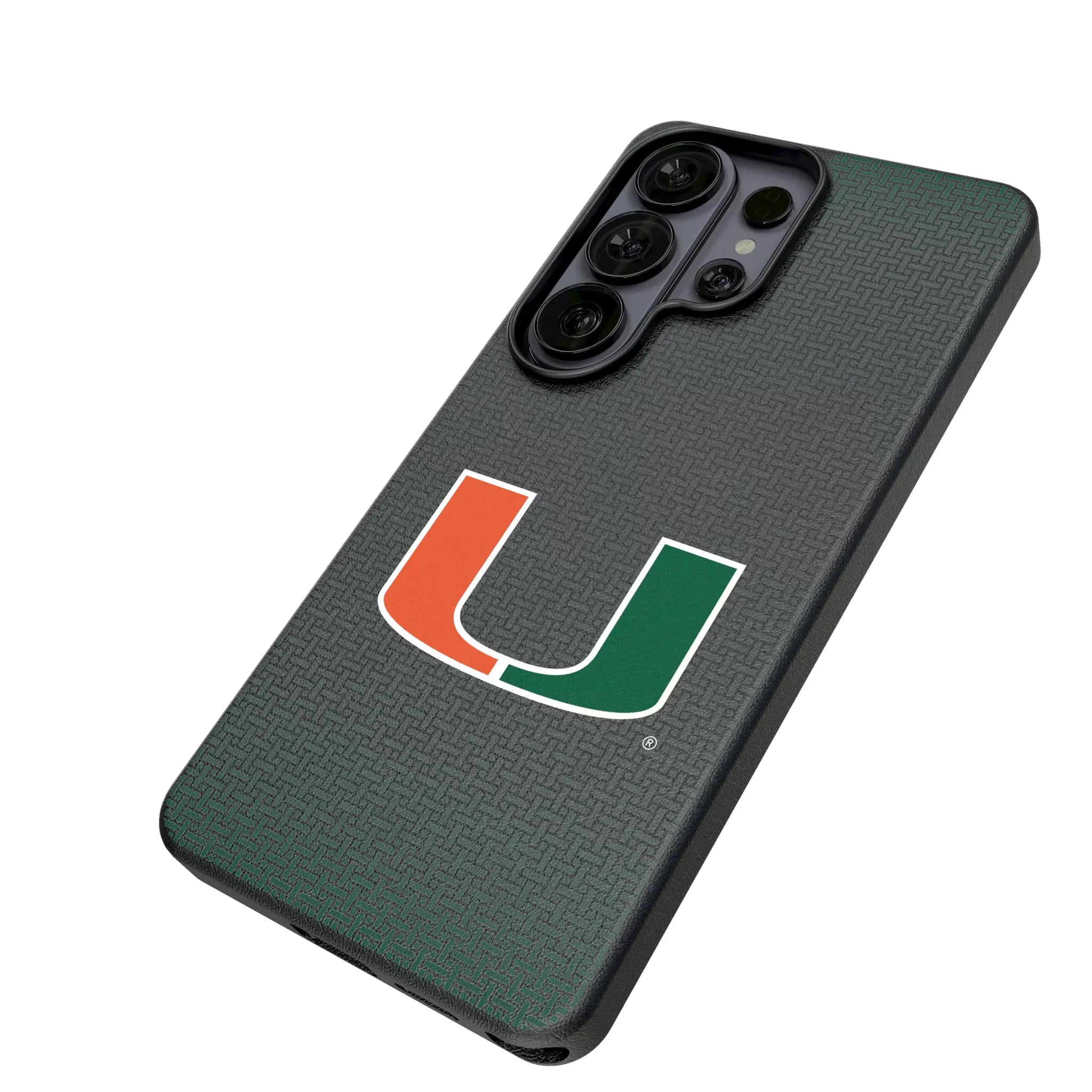 University of Miami Hurricanes Linen Galaxy MagSafe Compatible Phone Case for Samsung Galaxy - Isometric View#Device_Galaxy S26 Ultra