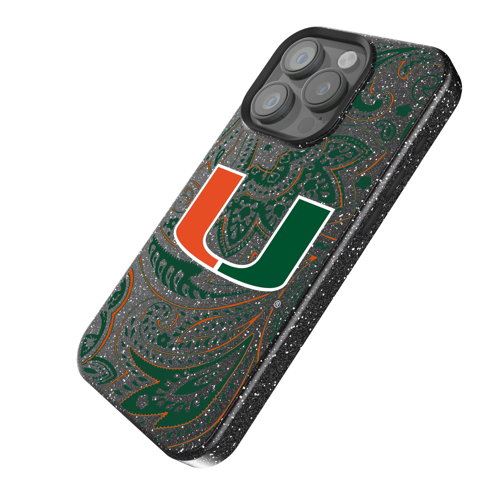 University of Miami Hurricanes Paisley iPhone Bling Phone Case for Apple iPhone - Isometric View