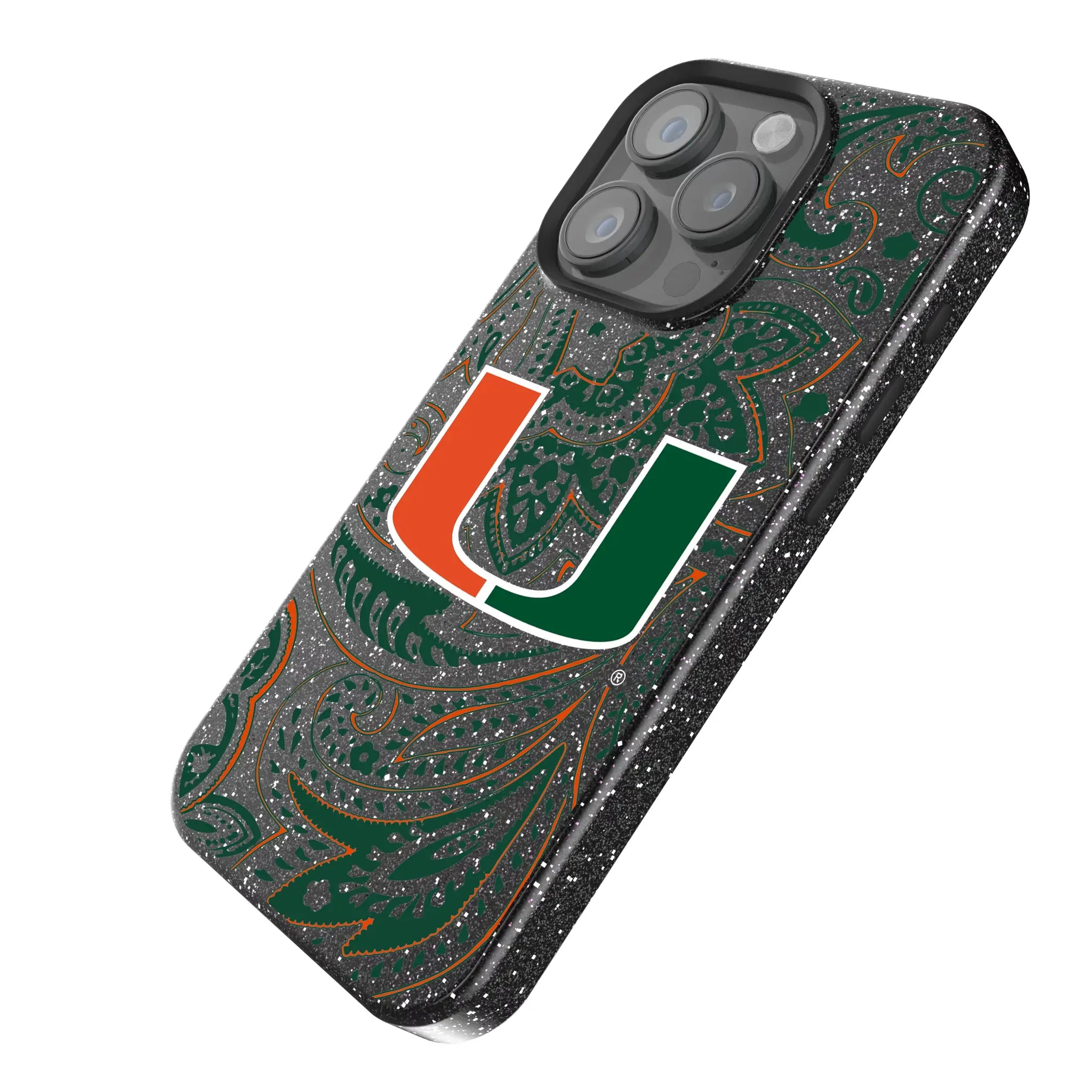 University of Miami Hurricanes Paisley iPhone Bling Phone Case for Apple iPhone - Isometric View