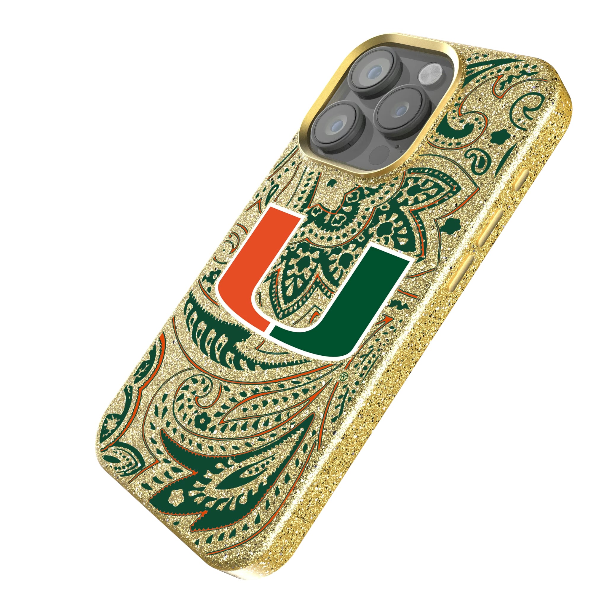 University of Miami Hurricanes Paisley iPhone Bling Phone Case for Apple iPhone - Isometric View
