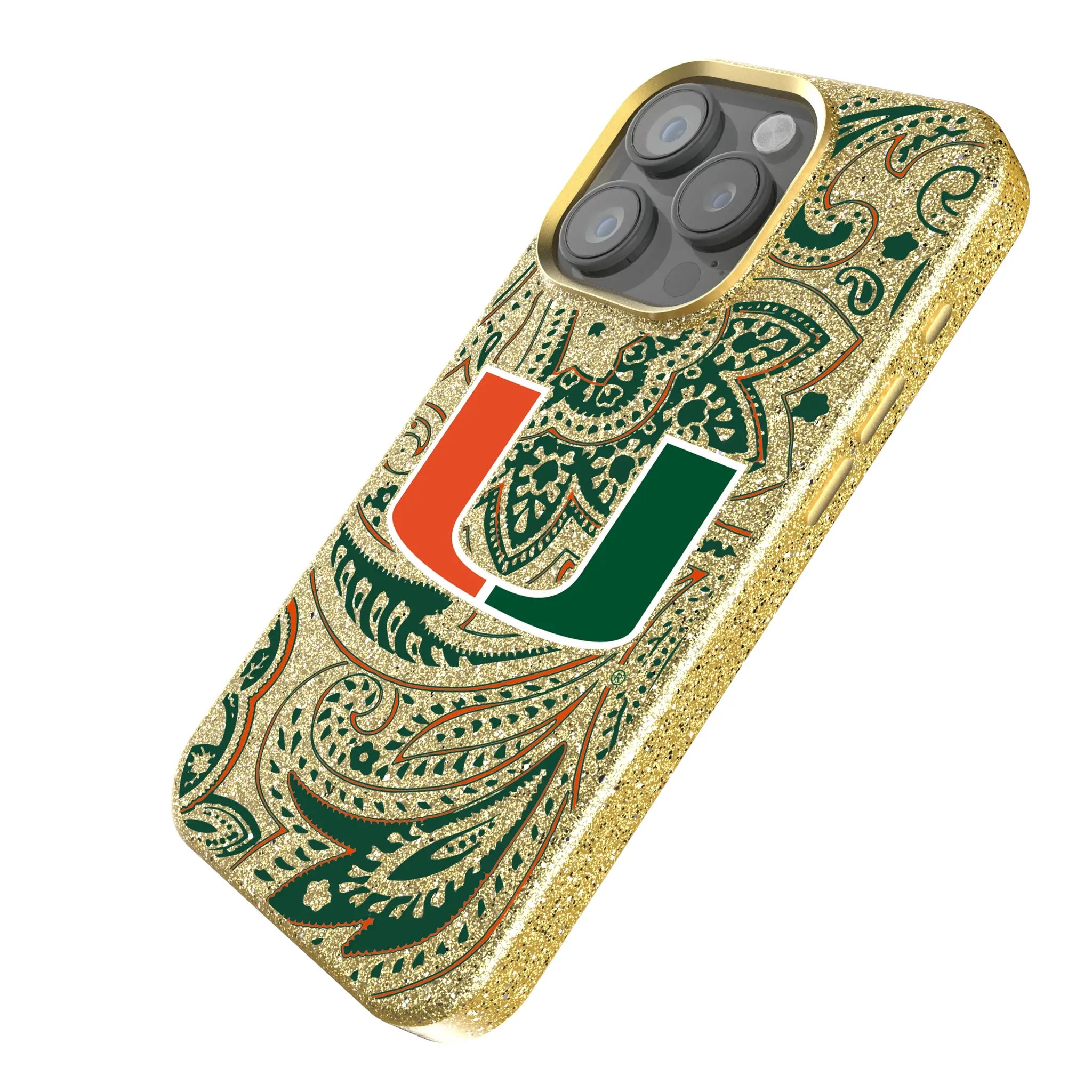 University of Miami Hurricanes Paisley iPhone Bling Phone Case for Apple iPhone - Isometric View