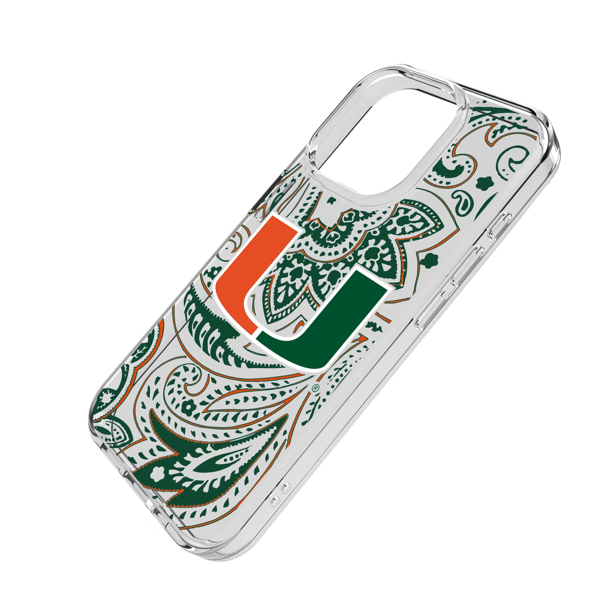 University of Miami Hurricanes Paisley iPhone Clear Phone Case for Apple iPhone - Isometric View
