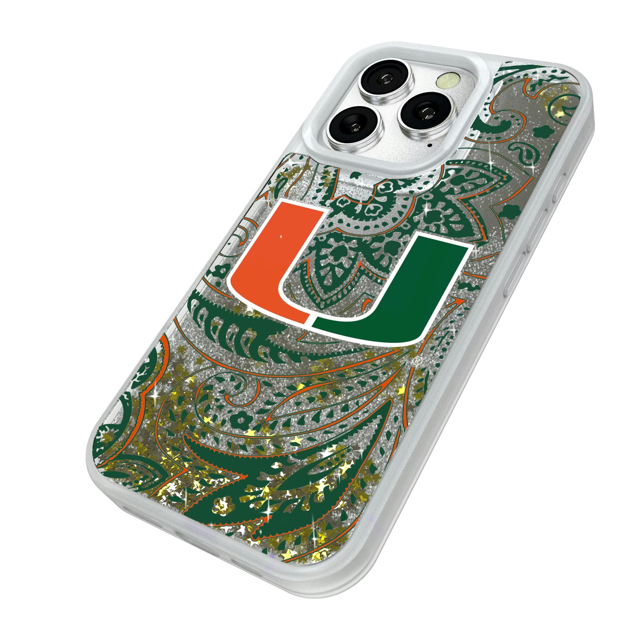 University of Miami Hurricanes Paisley iPhone Glitter Phone Case for Apple iPhone - Isometric View#Device_iPhone 16 Pro