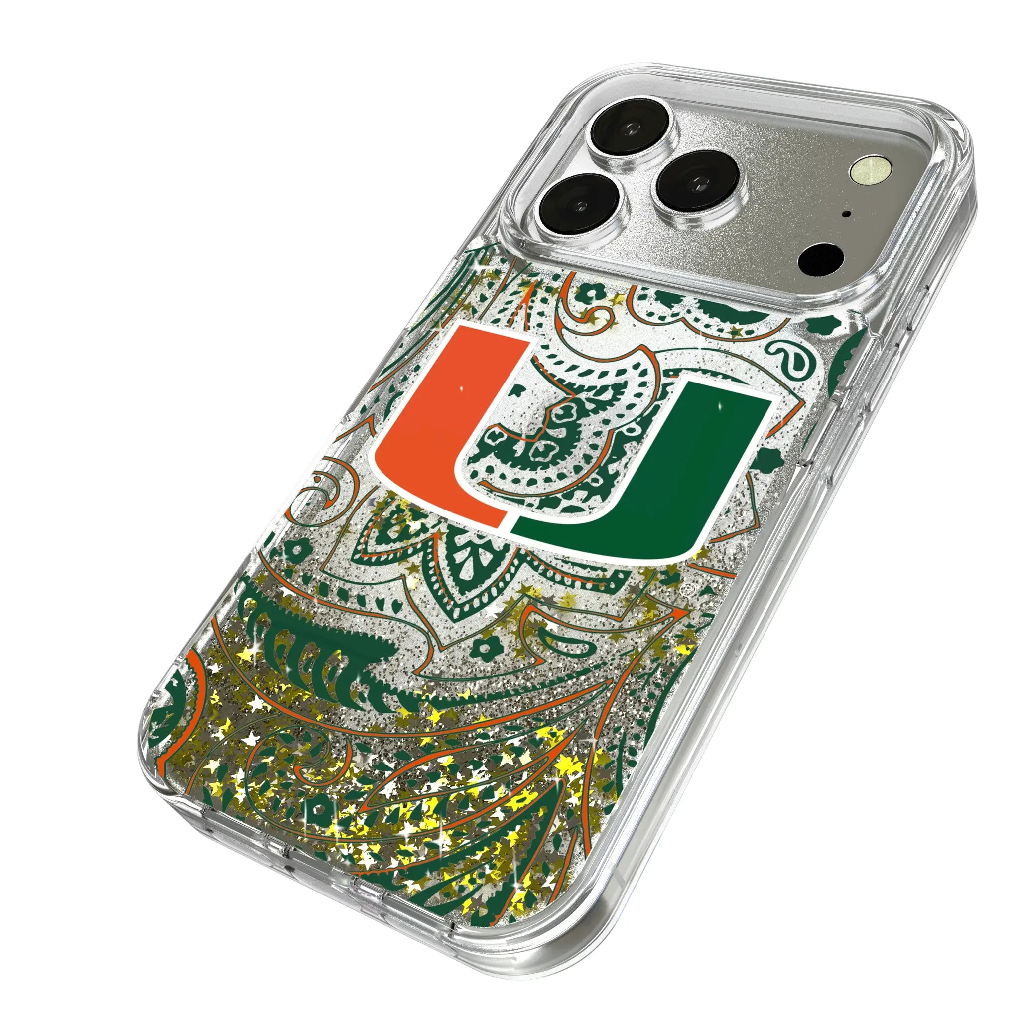 University of Miami Hurricanes Paisley iPhone Glitter Phone Case for Apple iPhone - Isometric View