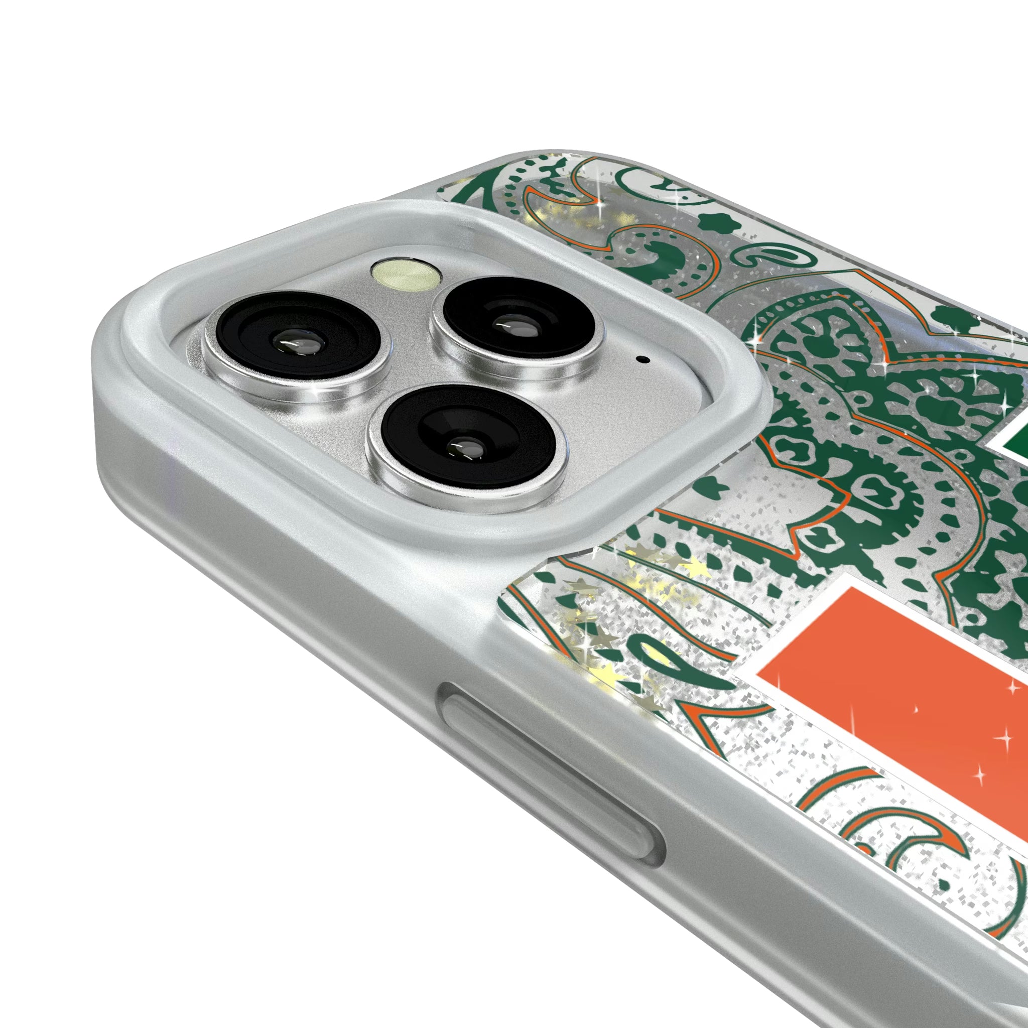 University of Miami Hurricanes Paisley iPhone Glitter Phone Case for Apple iPhone - Detail#Device_iPhone 16 Pro