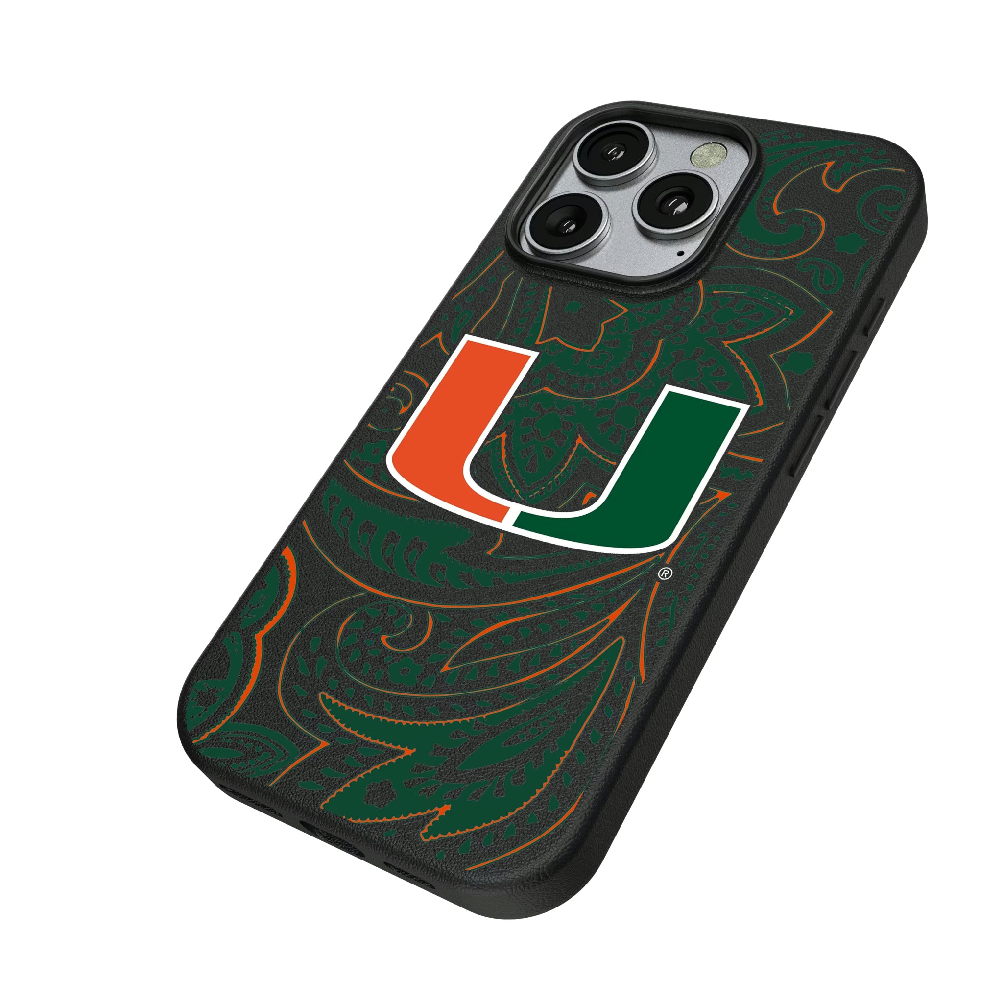 University of Miami Hurricanes Paisley iPhone MagSafe Compatible Phone Case for Apple iPhone - Isometric View