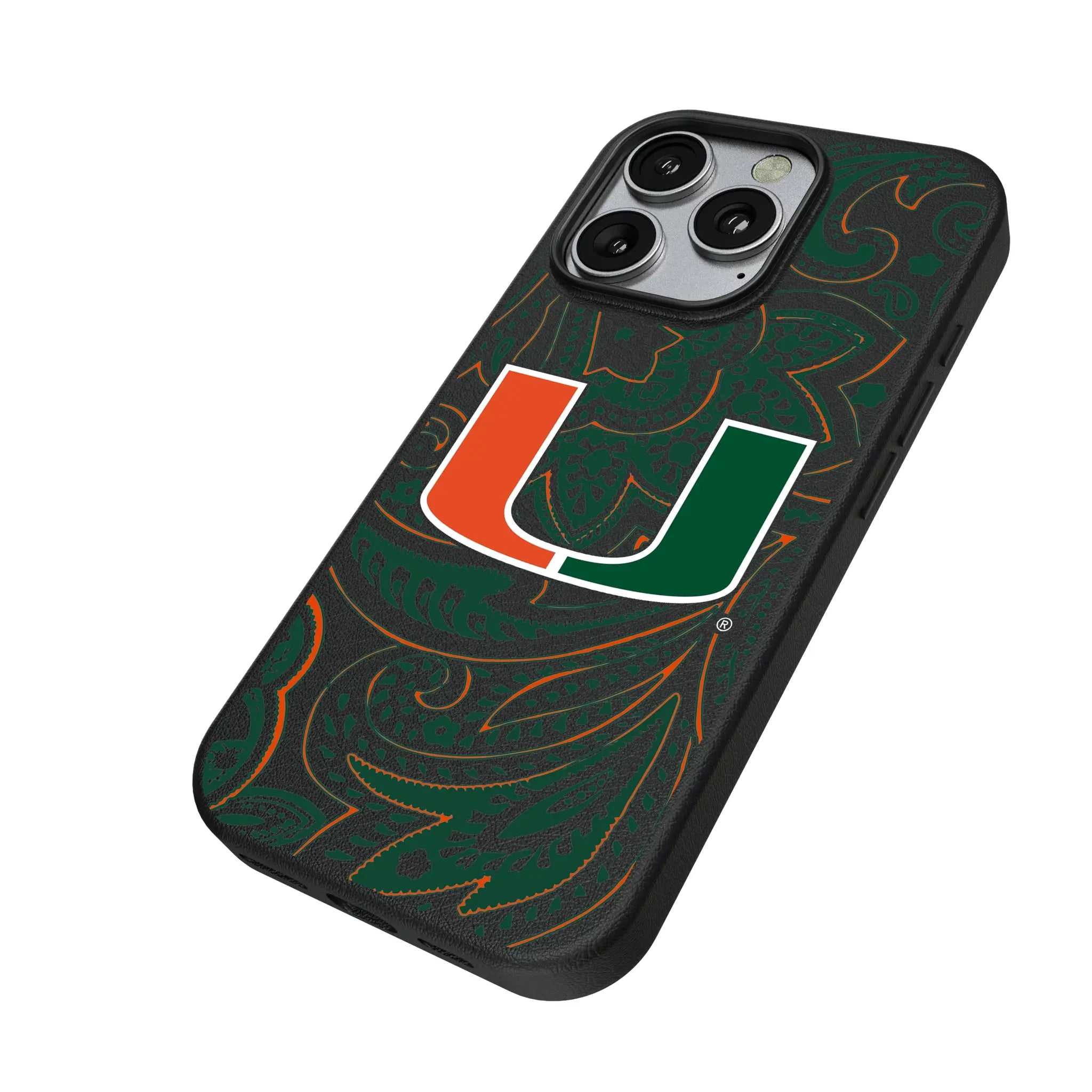University of Miami Hurricanes Paisley iPhone MagSafe Compatible Phone Case for Apple iPhone - Isometric View