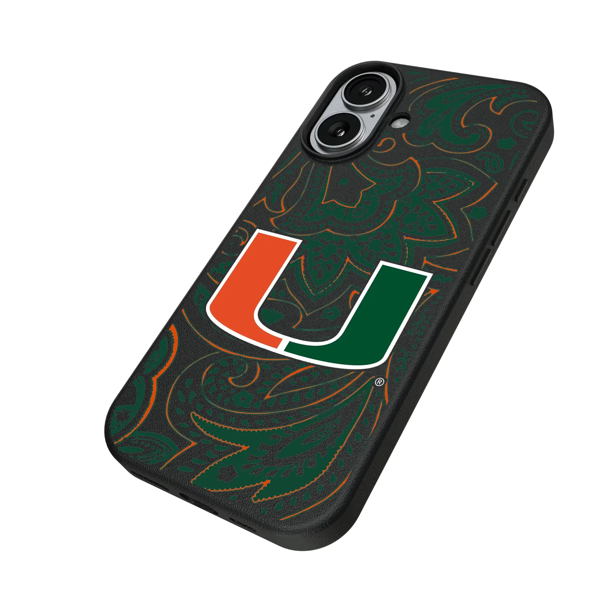 University of Miami Hurricanes Paisley iPhone MagSafe Compatible Phone Case for Apple iPhone - Isometric View#Device_iPhone 17