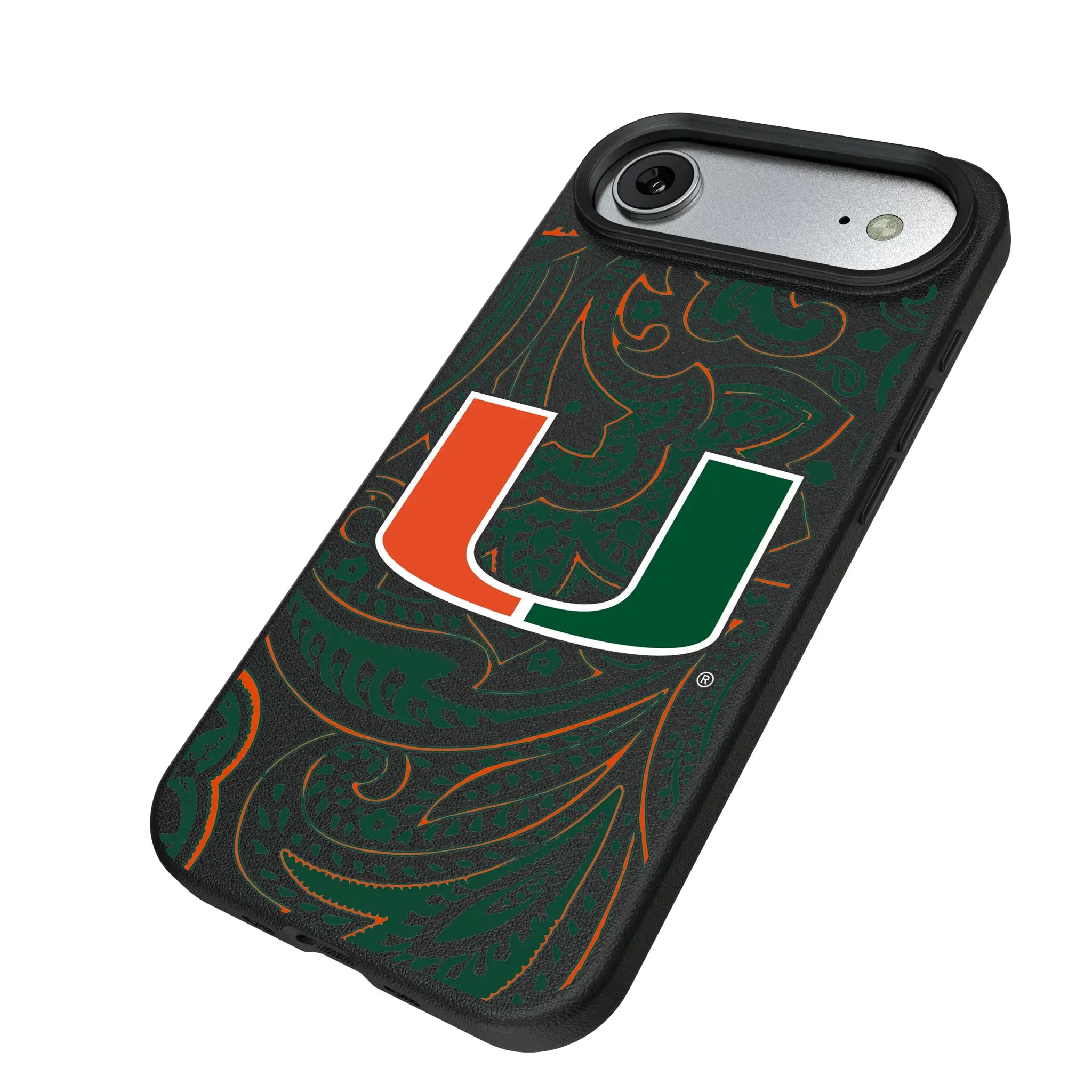 University of Miami Hurricanes Paisley iPhone MagSafe Compatible Phone Case for Apple iPhone - Isometric View#Device_iPhone Air