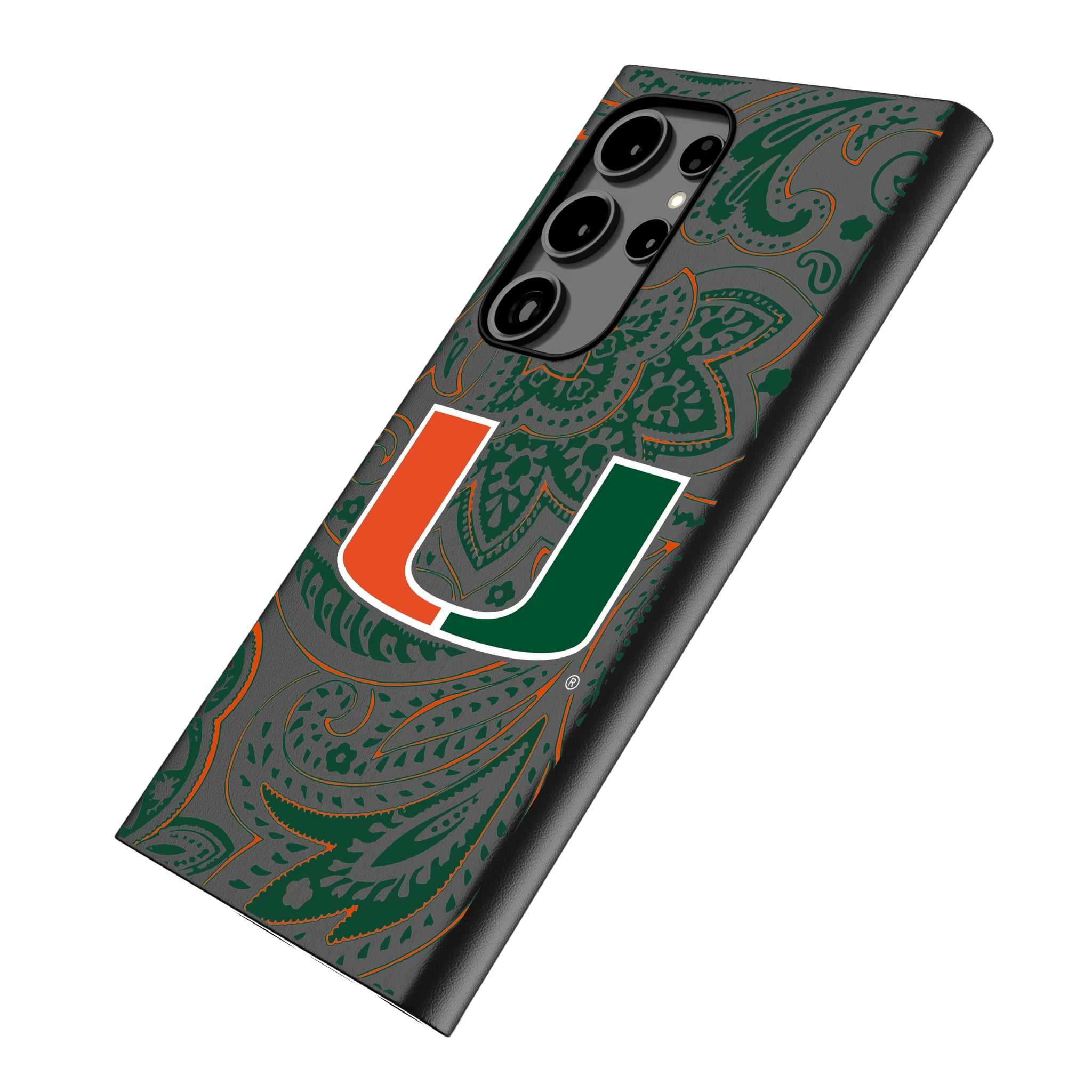 University of Miami Hurricanes Paisley Galaxy MagSafe Compatible Phone Case for Samsung Galaxy - Isometric View