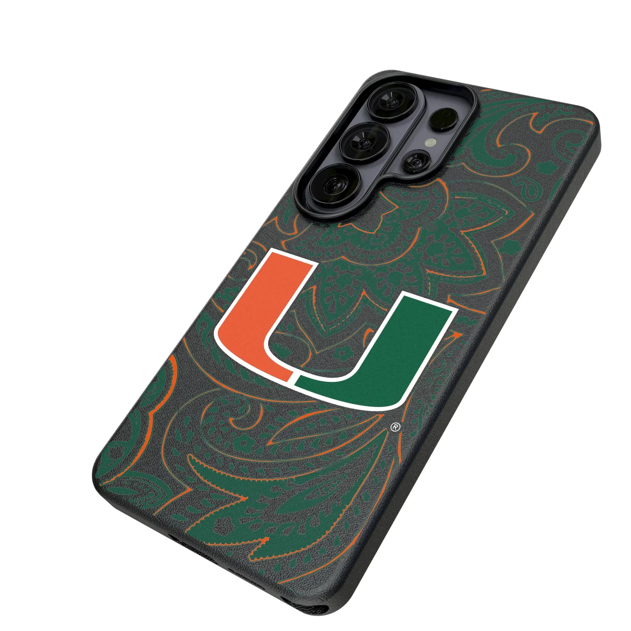 University of Miami Hurricanes Paisley Galaxy MagSafe Compatible Phone Case for Samsung Galaxy - Isometric View#Device_Galaxy S26 Ultra