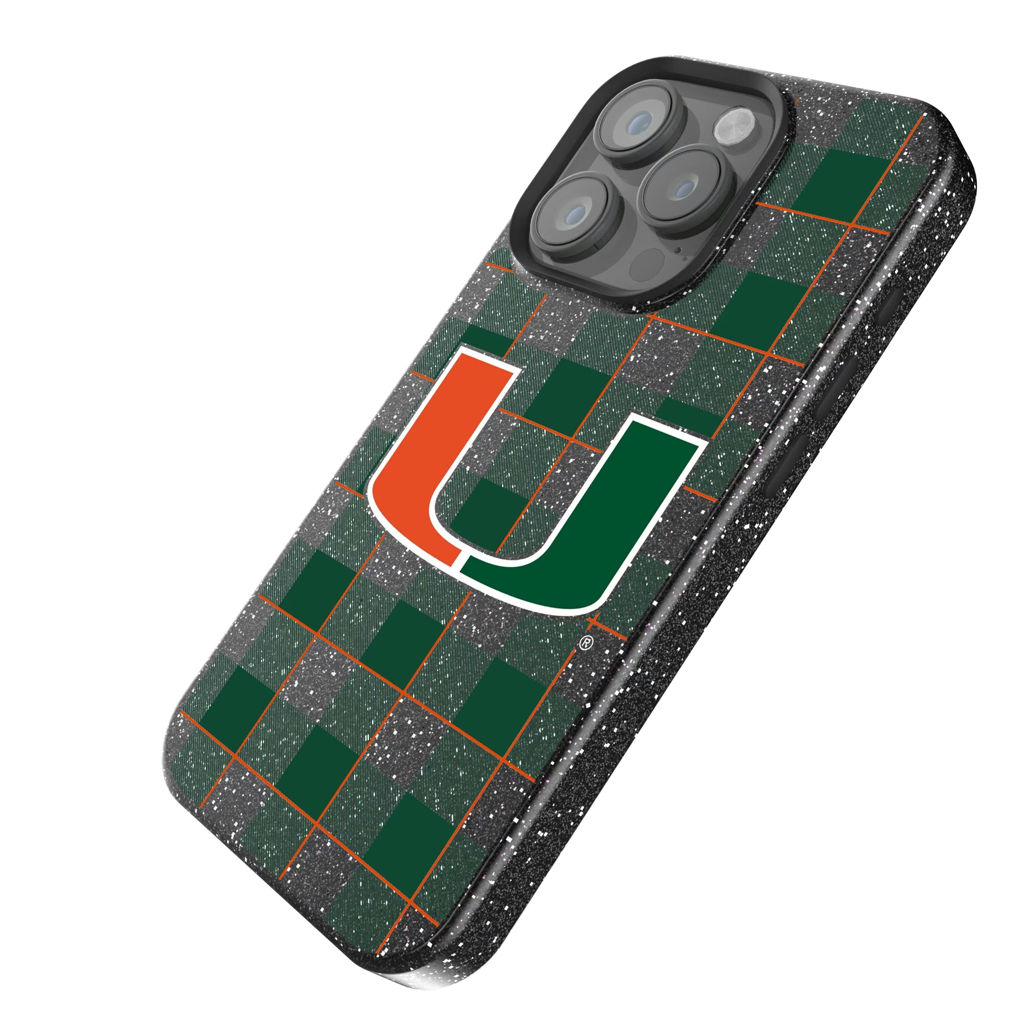 University of Miami Hurricanes Plaid iPhone Bling Phone Case for Apple iPhone - Isometric View