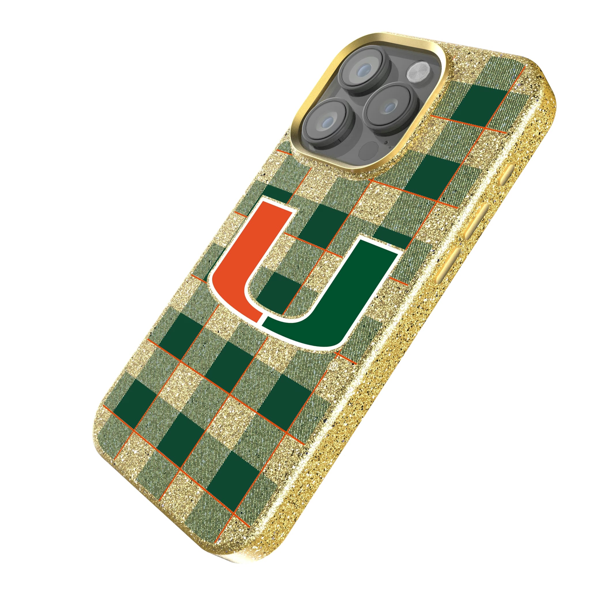 University of Miami Hurricanes Plaid iPhone Bling Phone Case for Apple iPhone - Isometric View