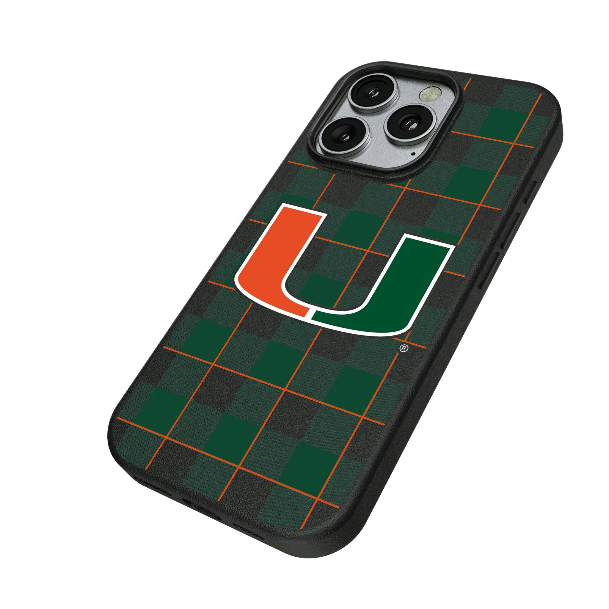University of Miami Hurricanes Plaid iPhone MagSafe Compatible Phone Case for Apple iPhone - Isometric View