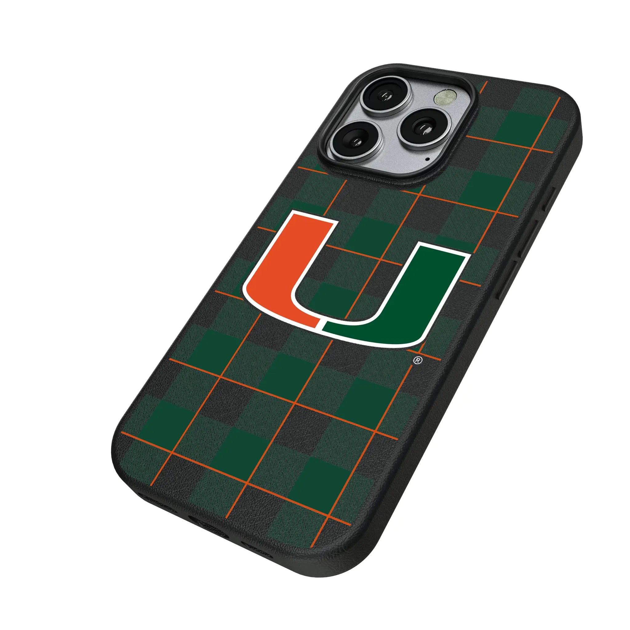 University of Miami Hurricanes Plaid iPhone MagSafe Compatible Phone Case for Apple iPhone - Isometric View