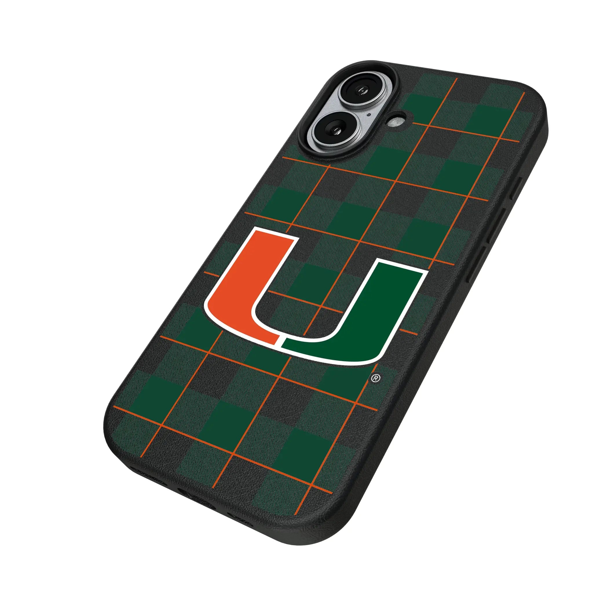 University of Miami Hurricanes Plaid iPhone MagSafe Compatible Phone Case for Apple iPhone - Isometric View#Device_iPhone 17