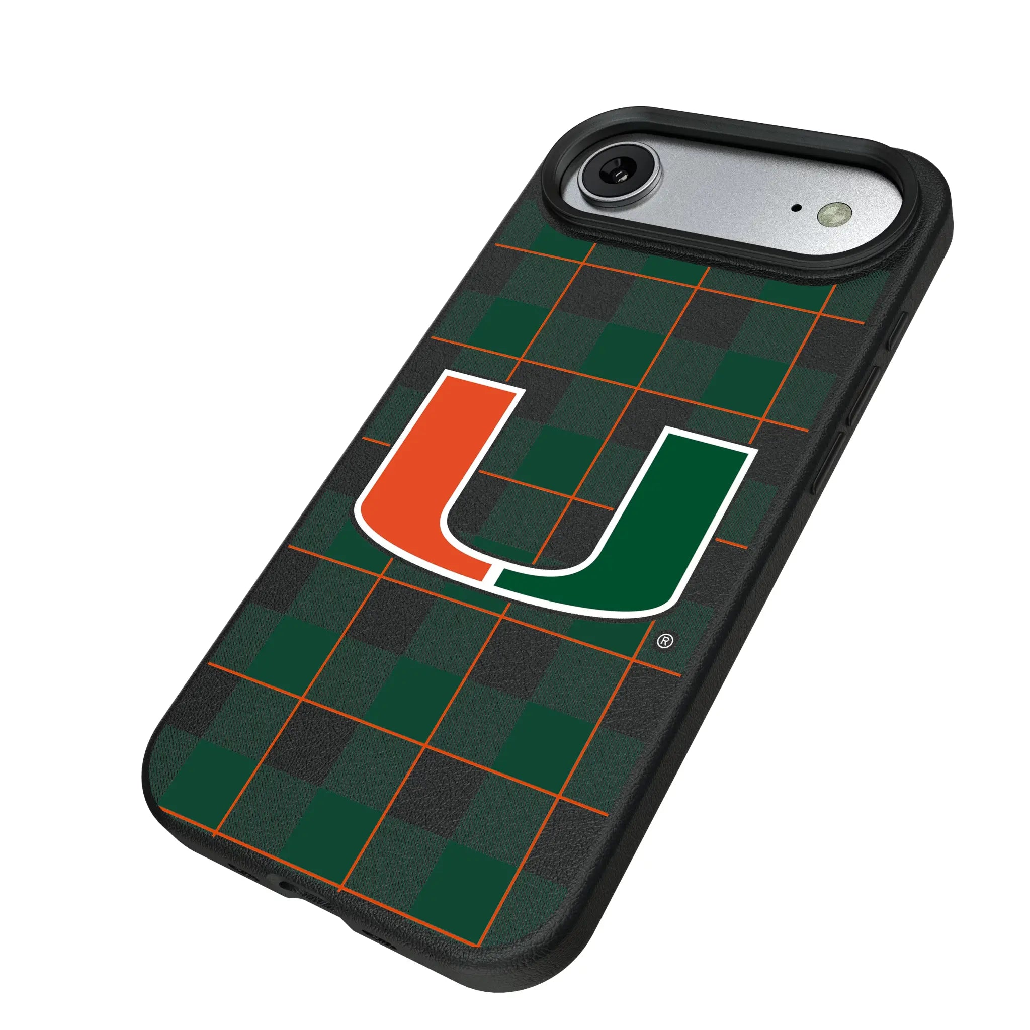 University of Miami Hurricanes Plaid iPhone MagSafe Compatible Phone Case for Apple iPhone - Isometric View#Device_iPhone Air