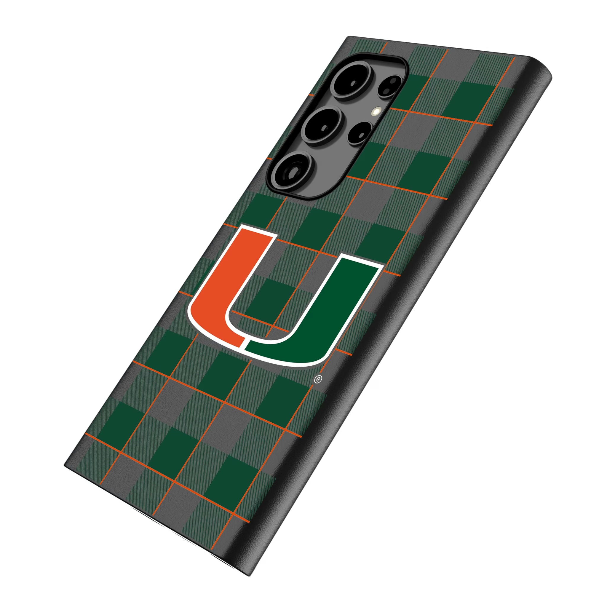University of Miami Hurricanes Plaid Galaxy MagSafe Compatible Phone Case for Samsung Galaxy - Isometric View