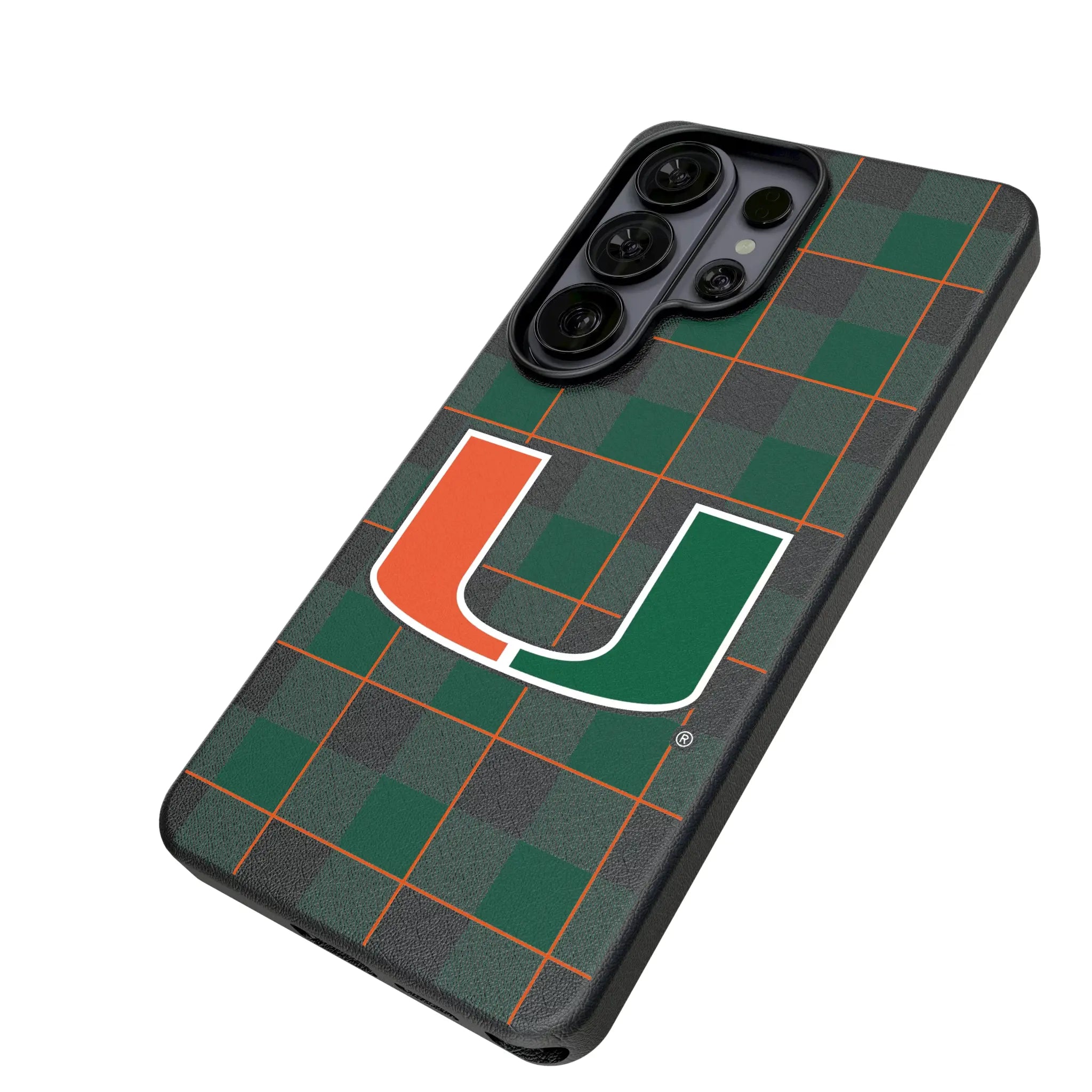 University of Miami Hurricanes Plaid Galaxy MagSafe Compatible Phone Case for Samsung Galaxy - Isometric View#Device_Galaxy S26 Ultra