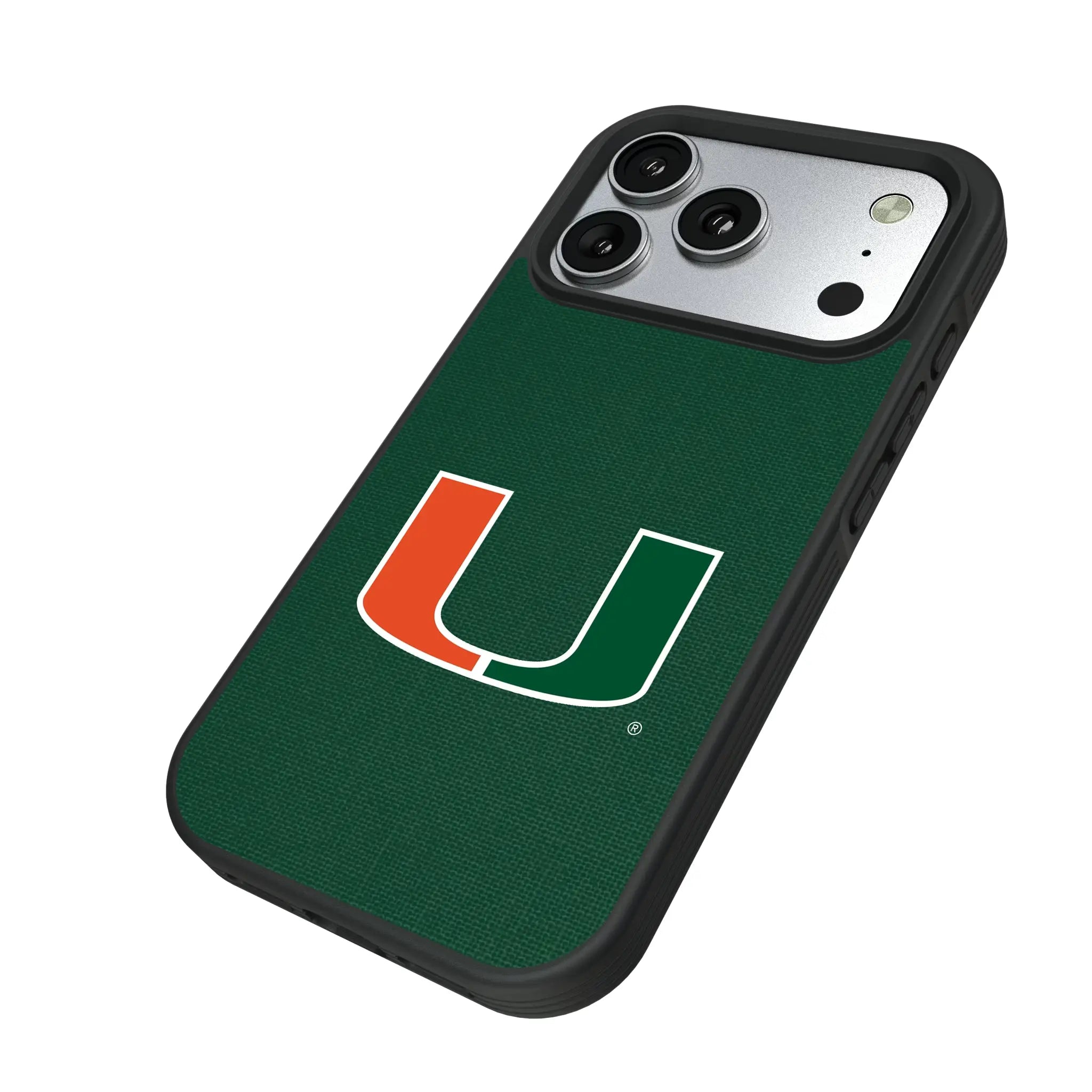 University of Miami Hurricanes Solid iPhone Bump Phone Case for Apple iPhone - Isometric View#Device_iPhone 17 Pro
