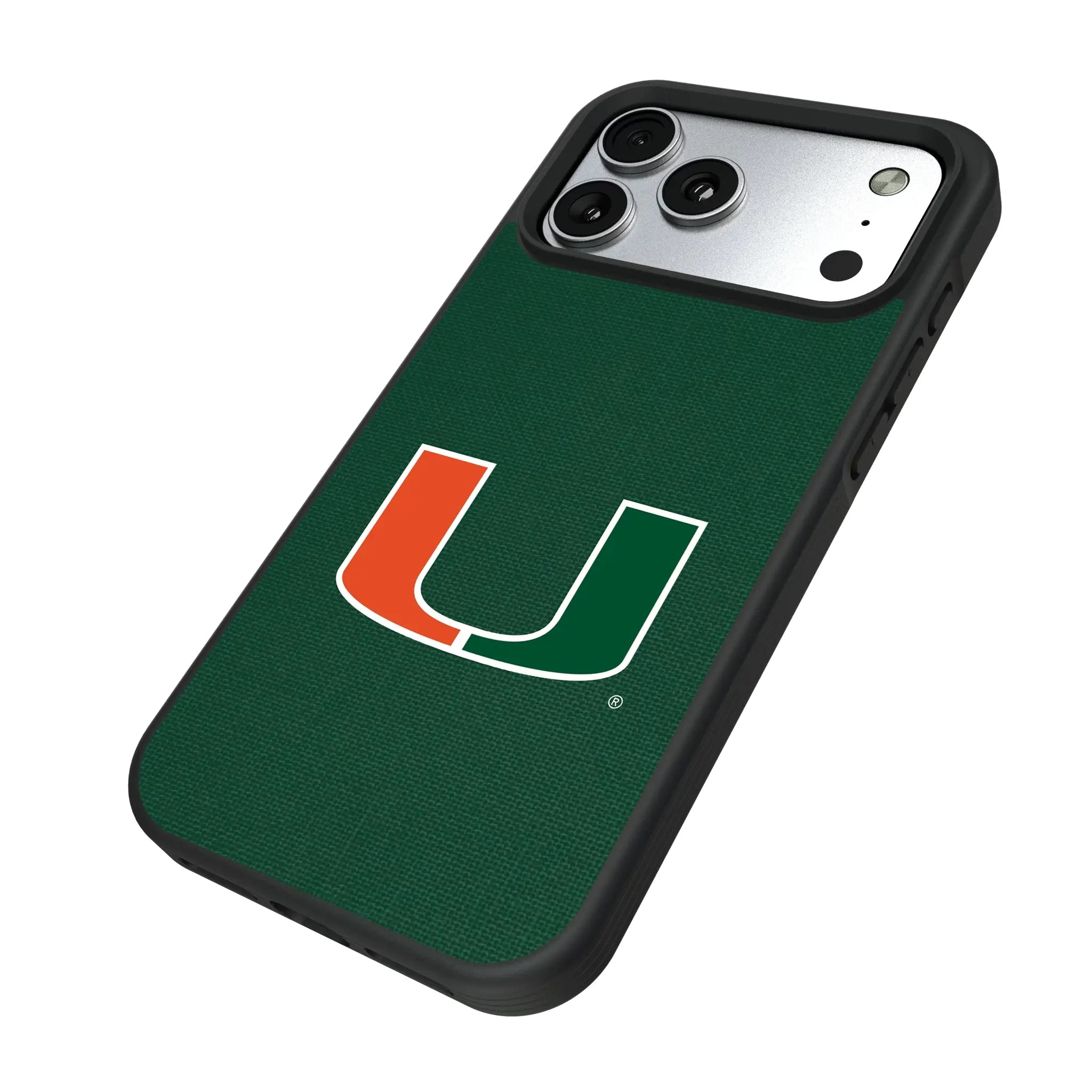 University of Miami Hurricanes Solid iPhone Bump Phone Case for Apple iPhone - Isometric View#Device_iPhone 17 Pro Max