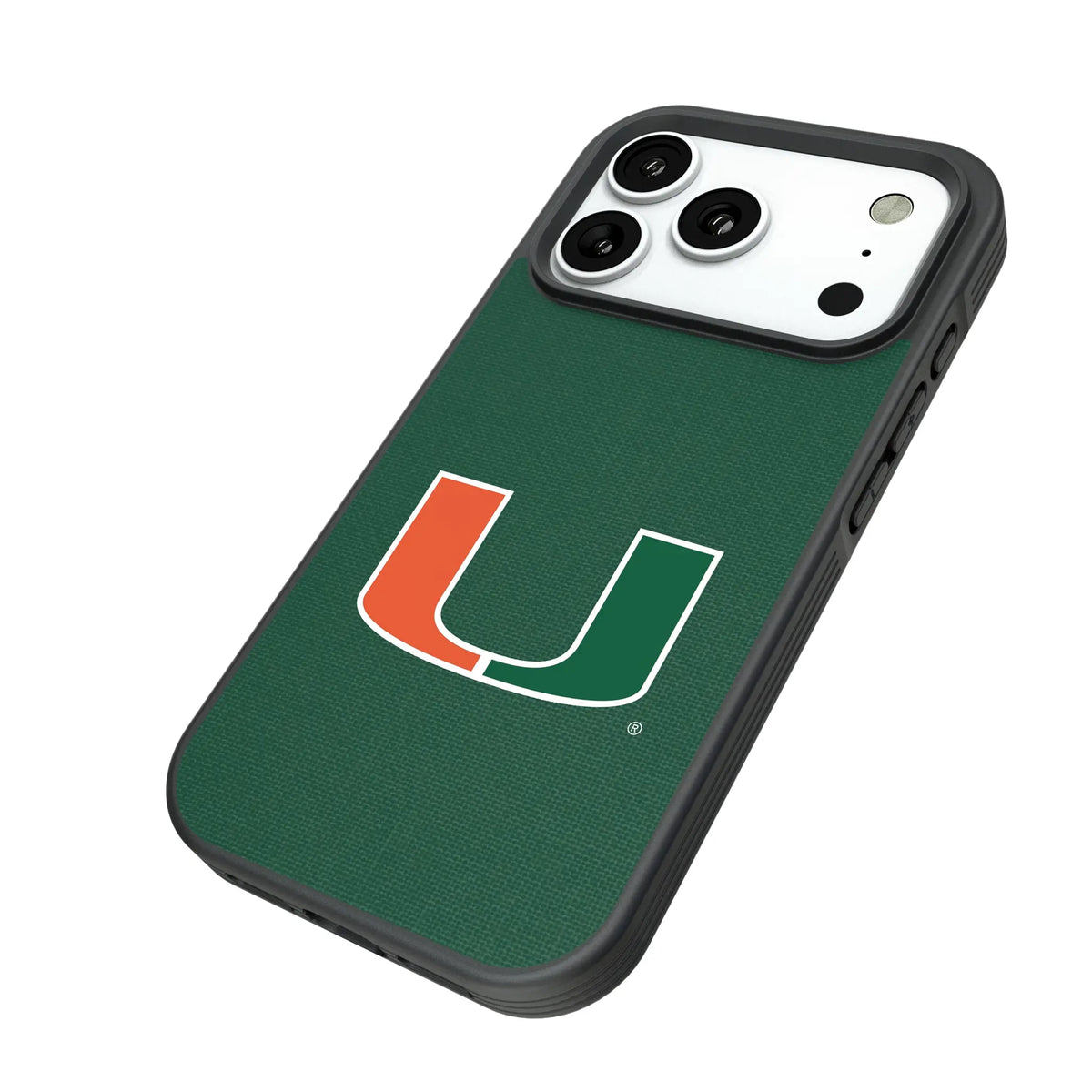 University of Miami Hurricanes Solid iPhone Bump Phone Case for Apple iPhone - Isometric View#Device_iPhone 18 Pro