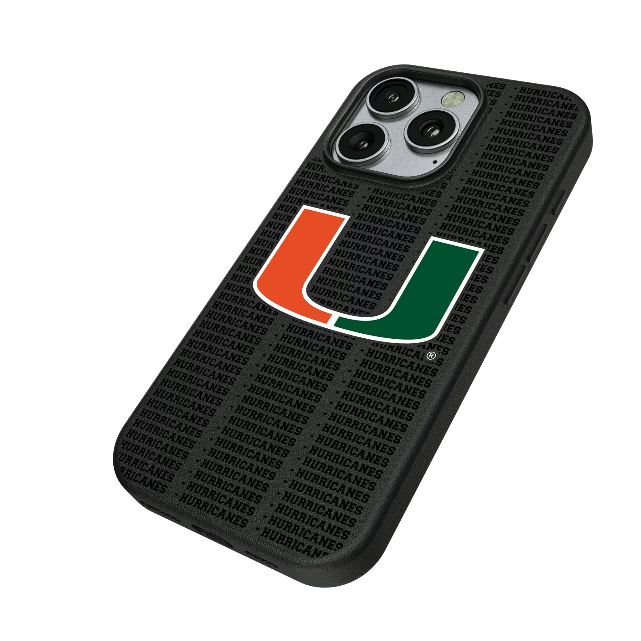 University of Miami Hurricanes Text Backdrop iPhone MagSafe Compatible Phone Case for Apple iPhone - Isometric View