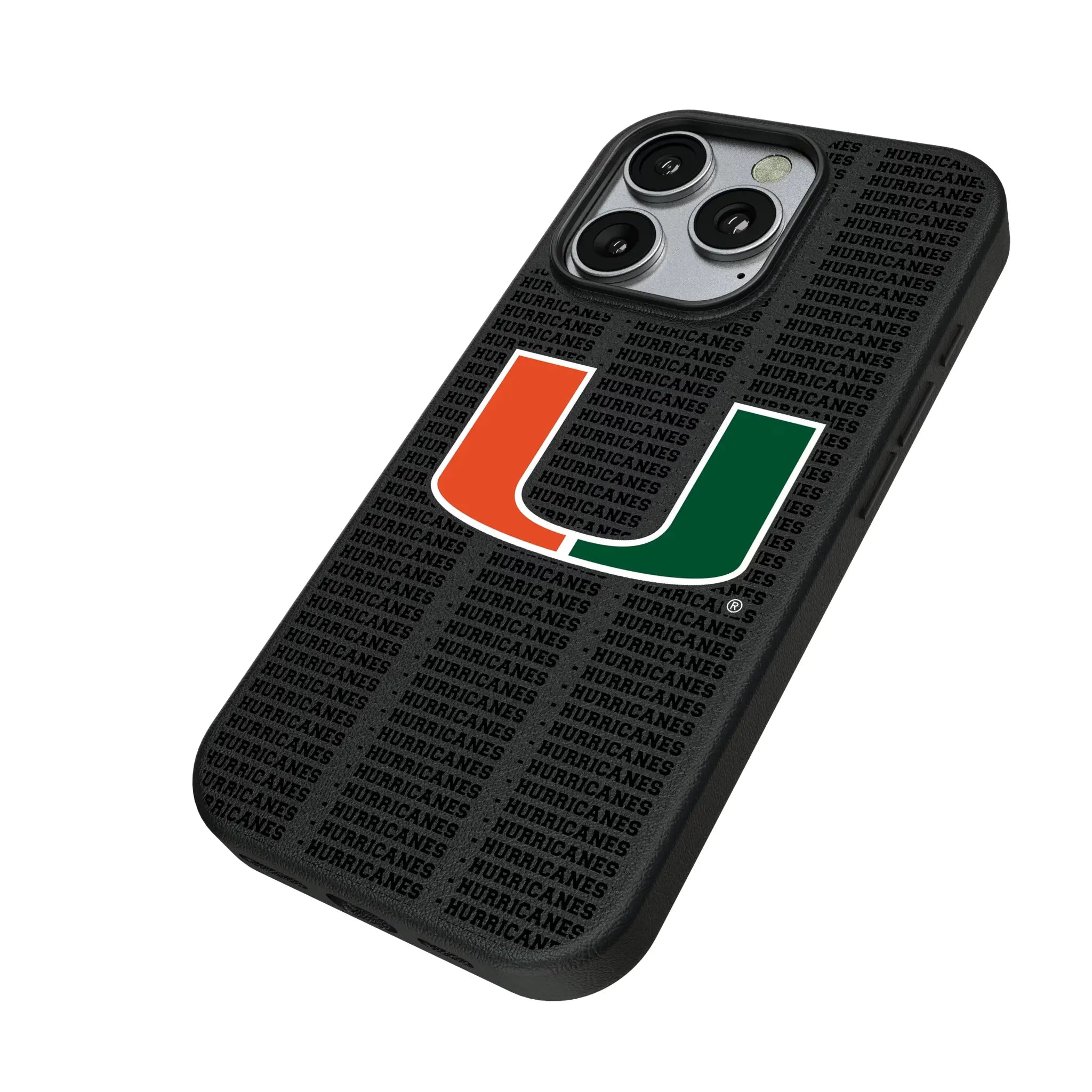 University of Miami Hurricanes Text Backdrop iPhone MagSafe Compatible Phone Case for Apple iPhone - Isometric View