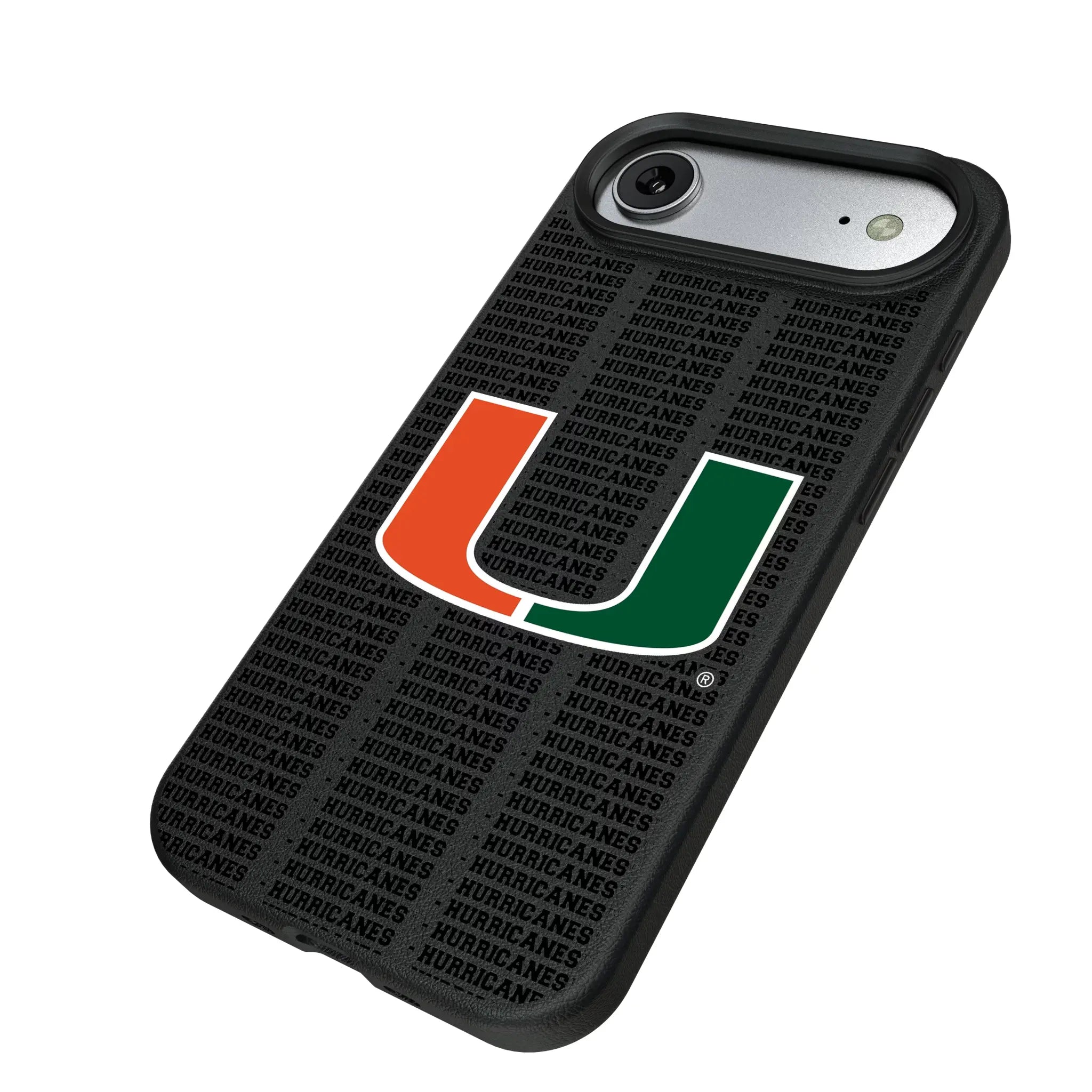 University of Miami Hurricanes Text Backdrop iPhone MagSafe Compatible Phone Case for Apple iPhone - Isometric View#Device_iPhone Air