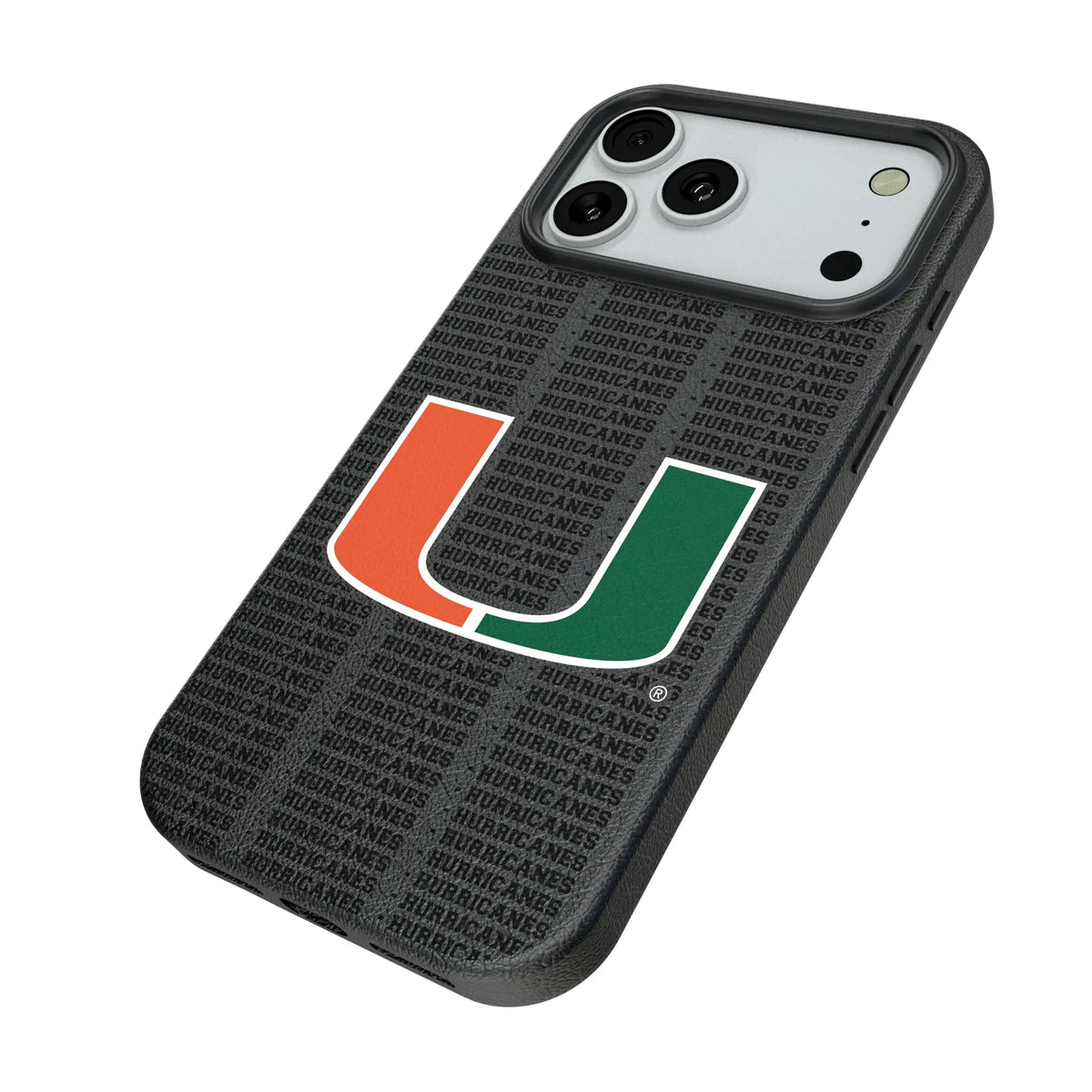 University of Miami Hurricanes Text Backdrop iPhone MagSafe Compatible Phone Case for Apple iPhone - Isometric View#Device_iPhone 18 Pro Max