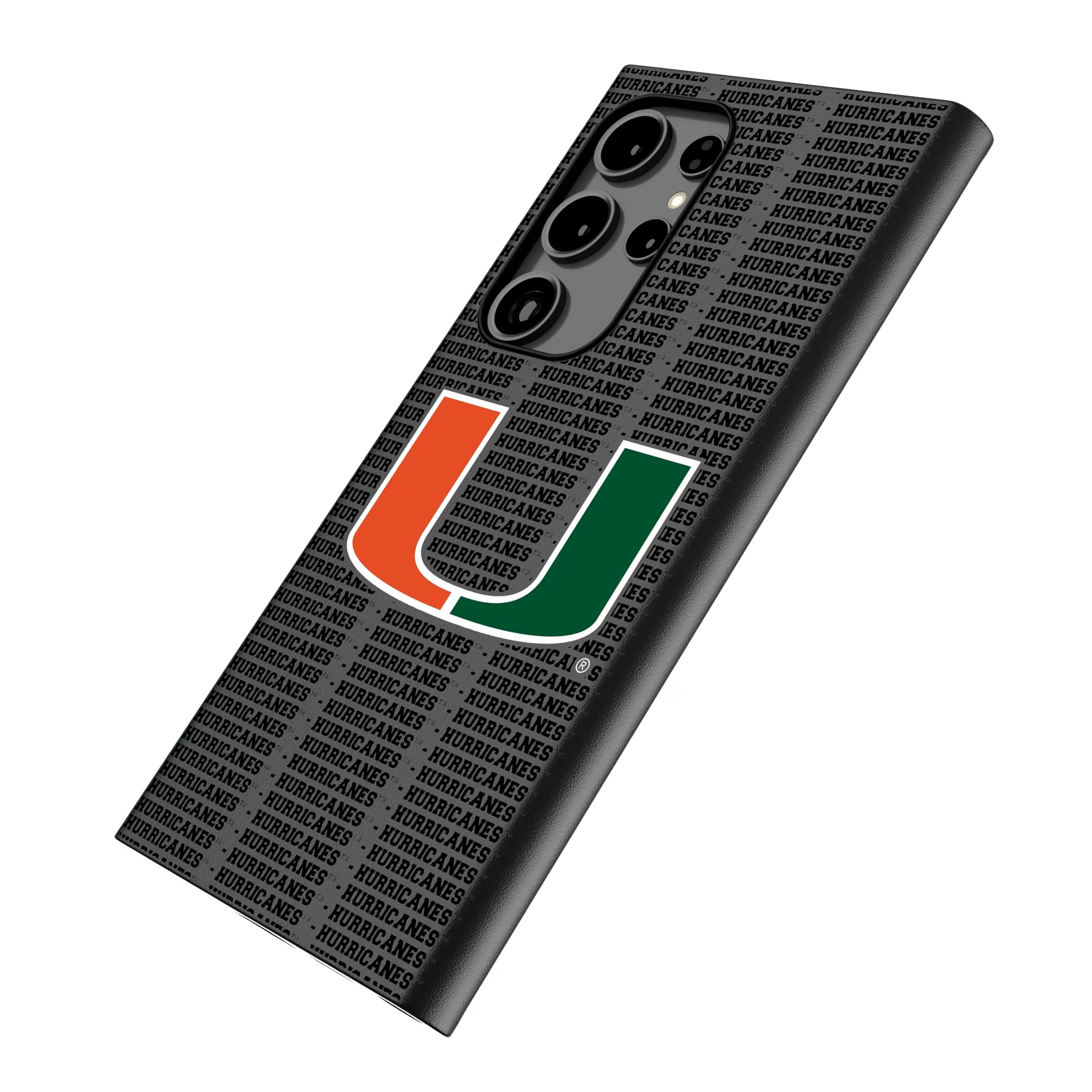 University of Miami Hurricanes Text Backdrop Galaxy MagSafe Compatible Phone Case for Samsung Galaxy - Isometric View
