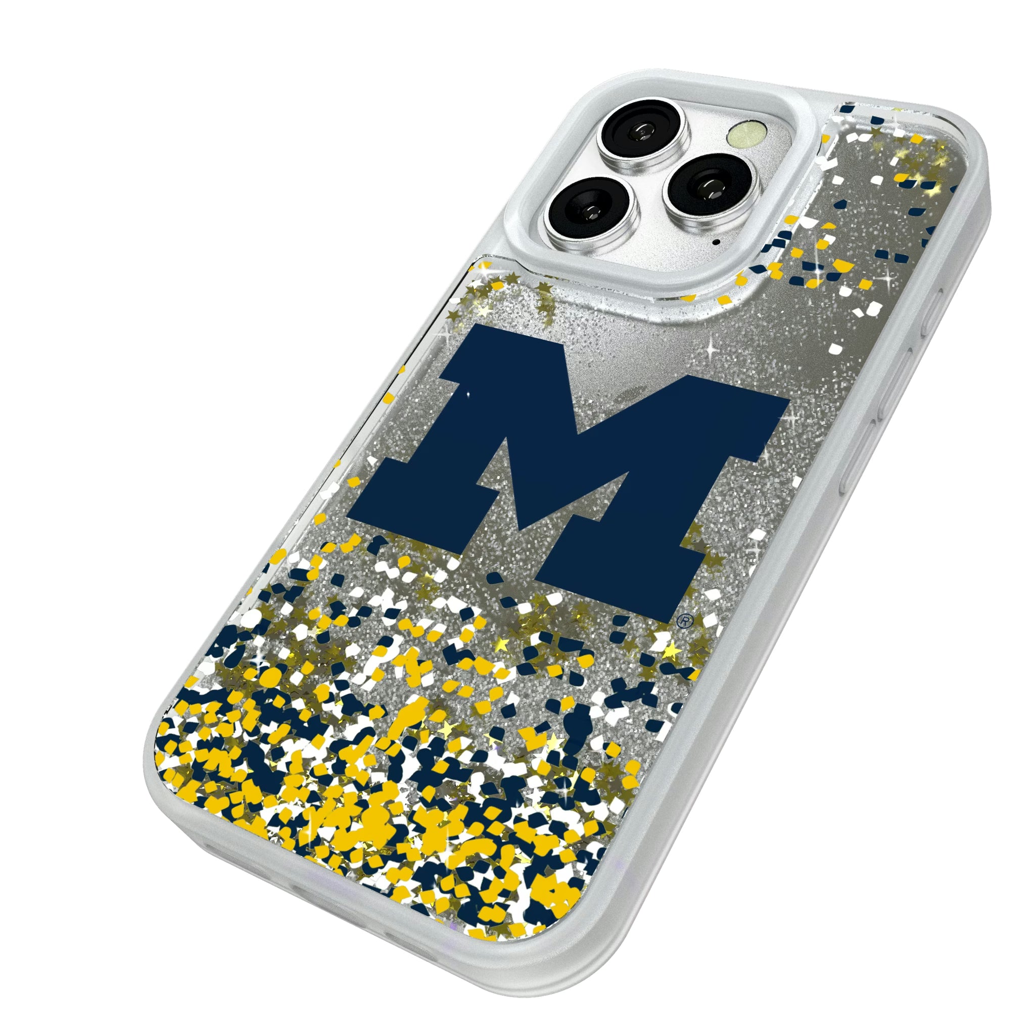 University of Michigan Wolverines Confetti iPhone Glitter Phone Case for Apple iPhone - Isometric View#Device_iPhone 16 Pro