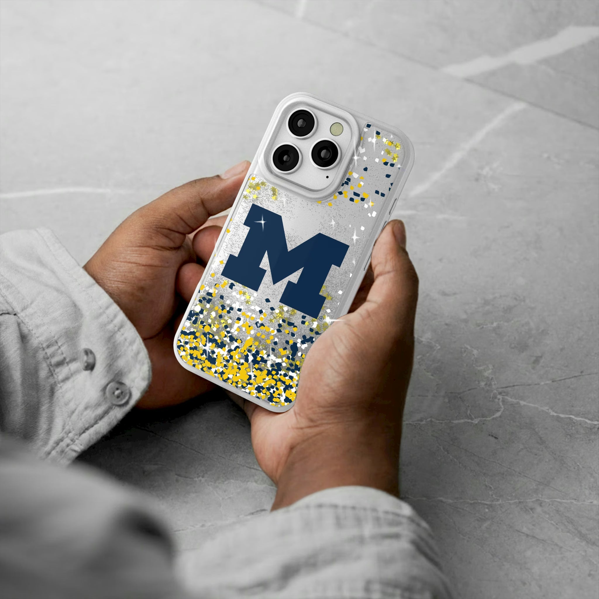 University of Michigan Wolverines Confetti iPhone Glitter Phone Case for Apple iPhone - Lifestyle#Device_iPhone 16 Pro