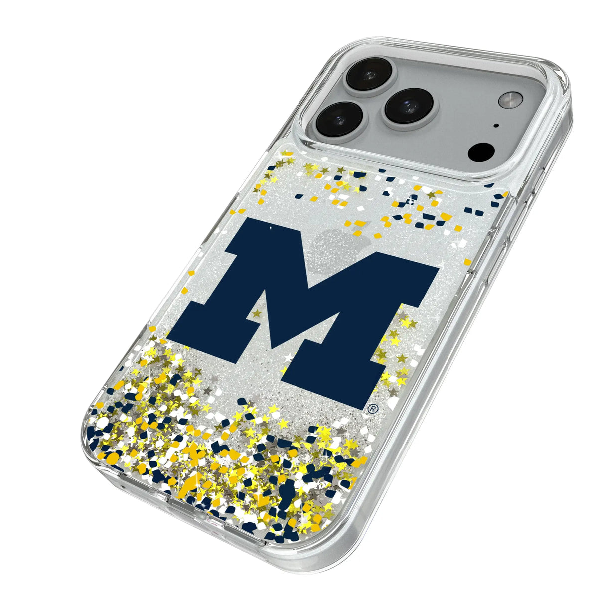 University of Michigan Wolverines Confetti iPhone Glitter Phone Case for Apple iPhone - Isometric View#Device_iPhone 18 Pro