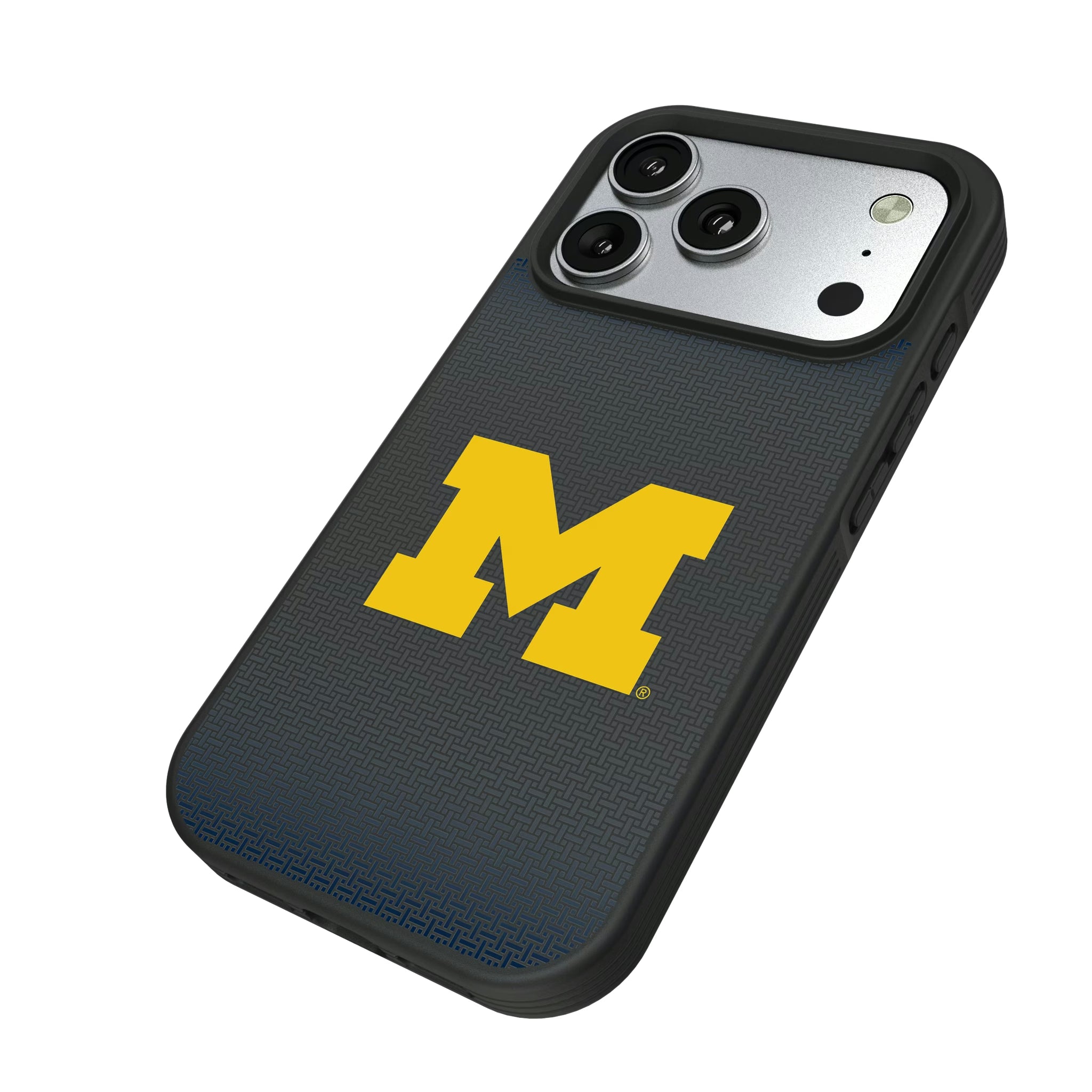 University of Michigan Wolverines Linen iPhone Bump Phone Case for Apple iPhone - Isometric View#Device_iPhone 17 Pro