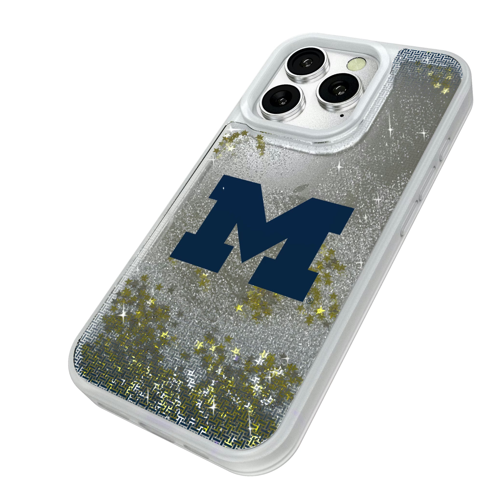 University of Michigan Wolverines Linen iPhone Glitter Phone Case for Apple iPhone - Isometric View#Device_iPhone 16 Pro
