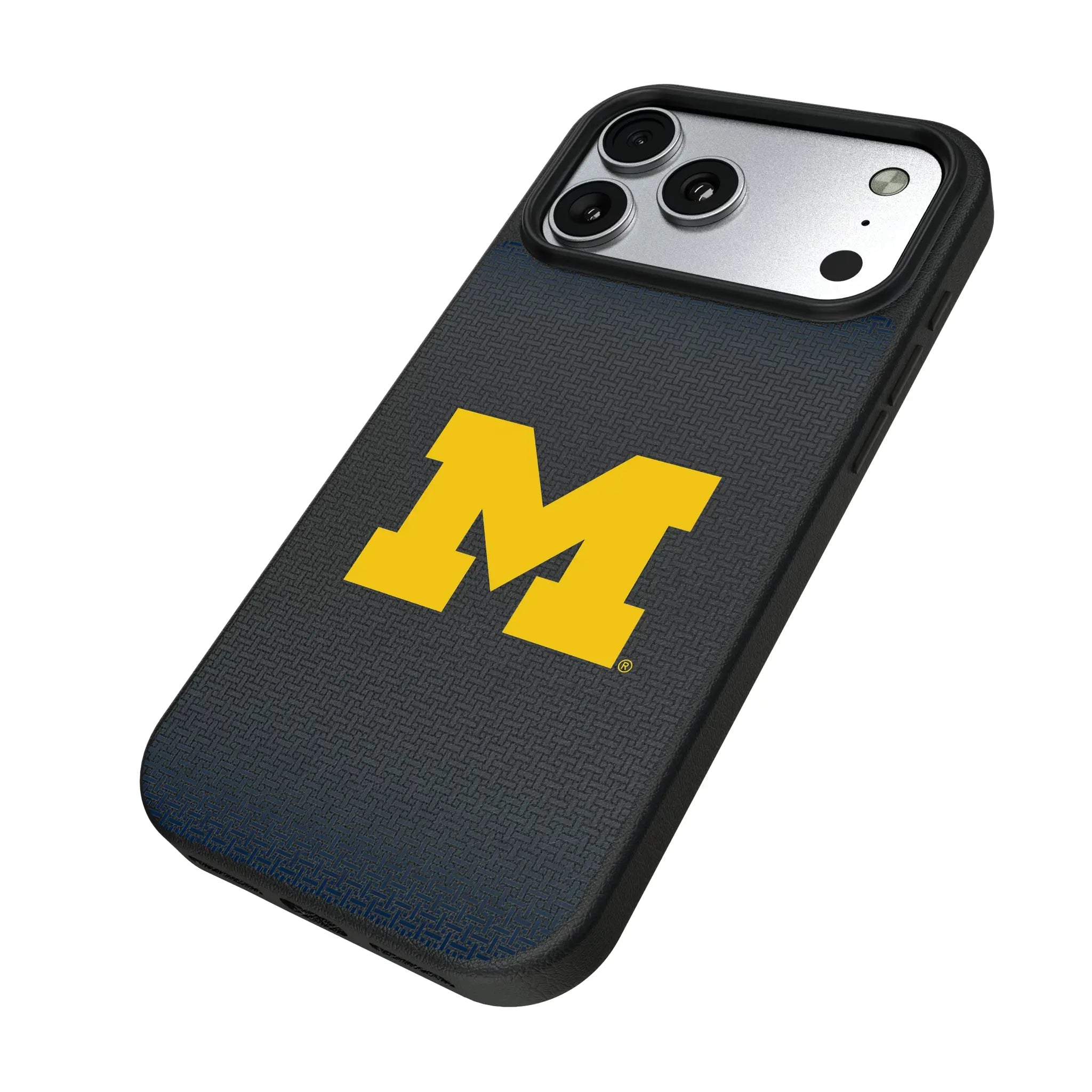 University of Michigan Wolverines Linen iPhone MagSafe Compatible Phone Case for Apple iPhone - Isometric View#Device_iPhone 17 Pro Max
