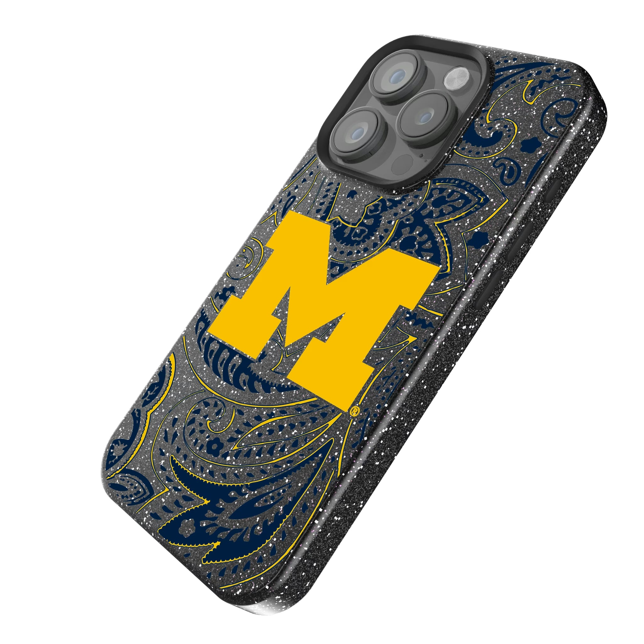 University of Michigan Wolverines Paisley iPhone Bling Phone Case for Apple iPhone - Isometric View