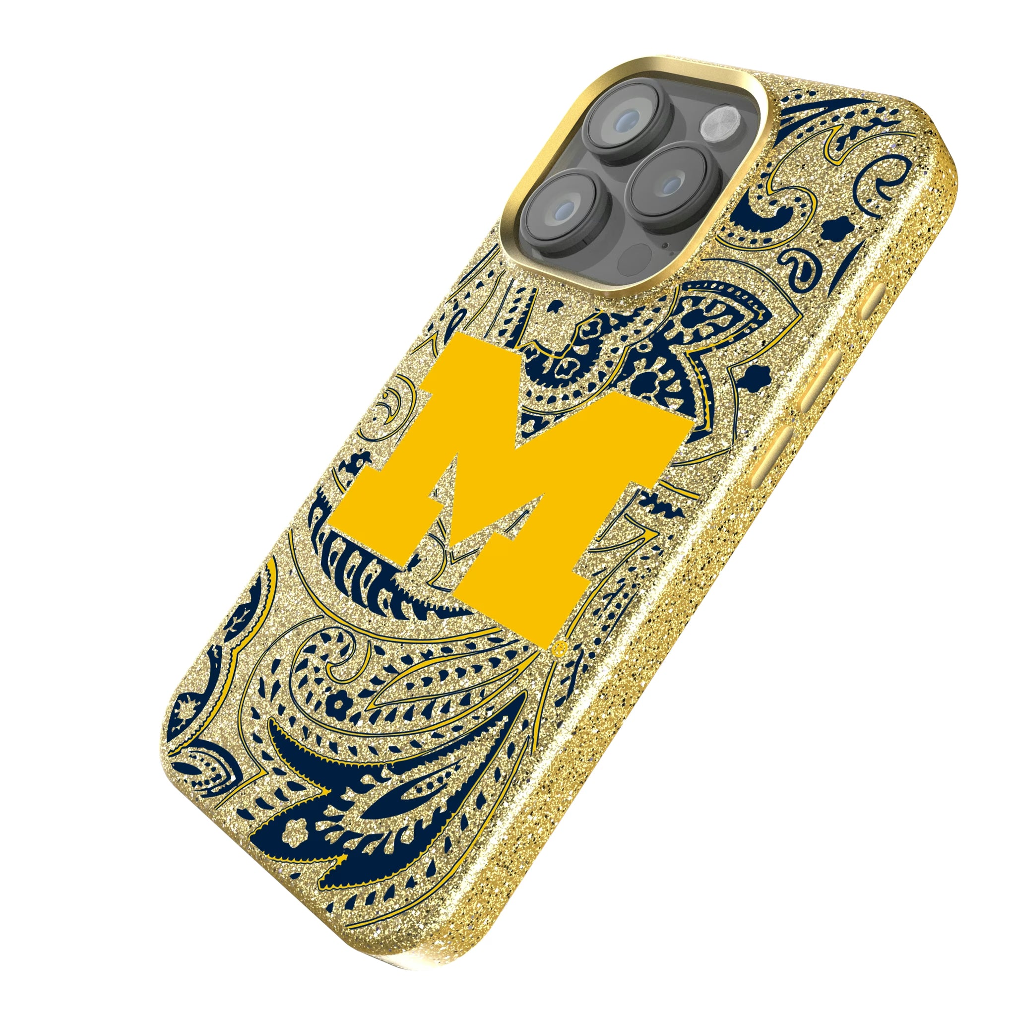 University of Michigan Wolverines Paisley iPhone Bling Phone Case for Apple iPhone - Isometric View