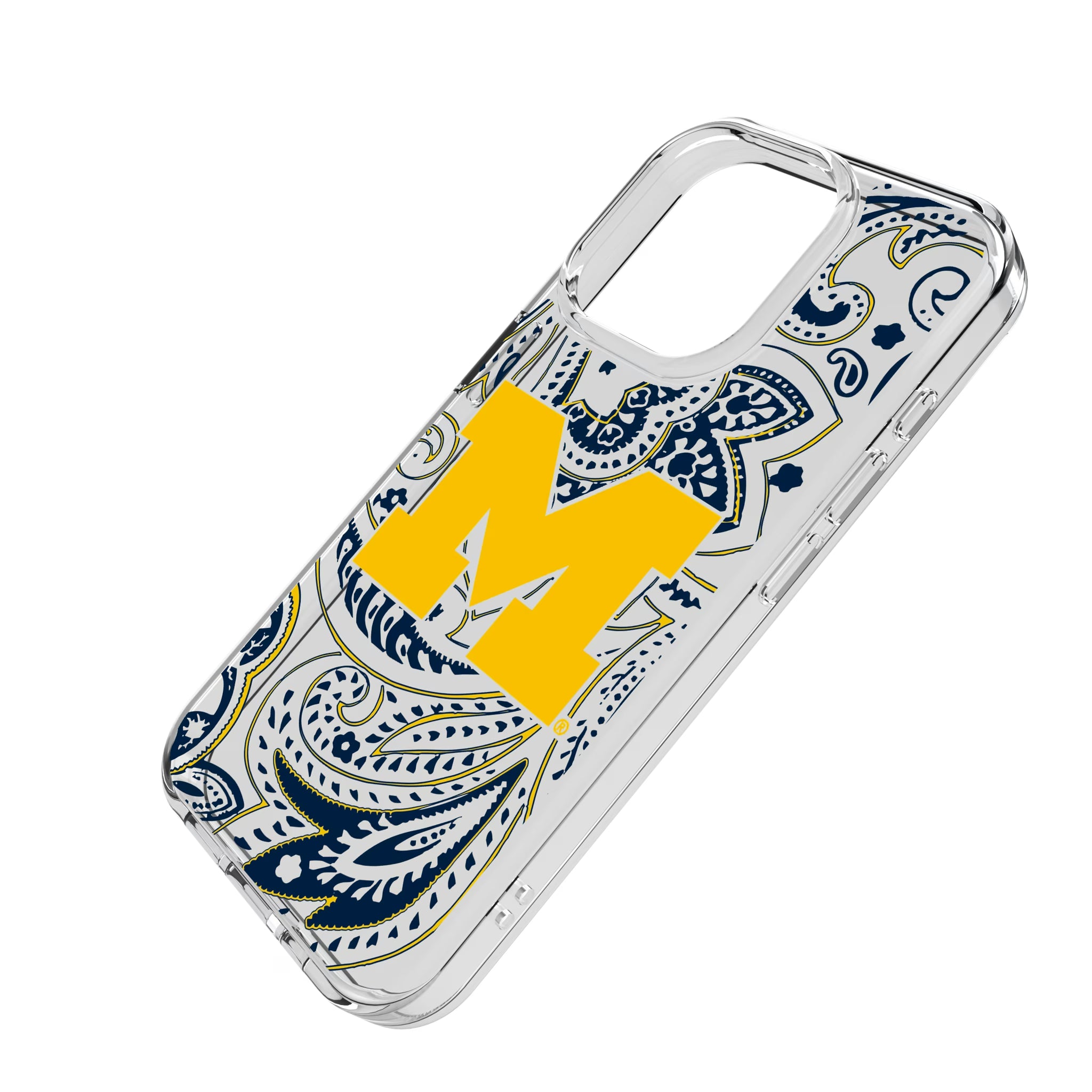 University of Michigan Wolverines Paisley iPhone Clear Phone Case for Apple iPhone - Isometric View