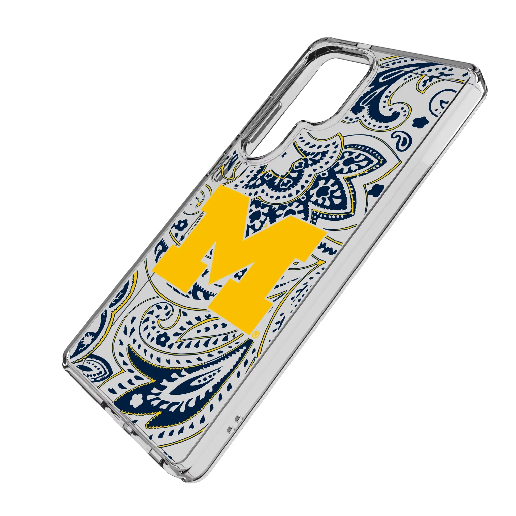 University of Michigan Wolverines Paisley Galaxy Clear Phone Case for Samsung Galaxy - Isometric View#Device_Galaxy S25 Ultra