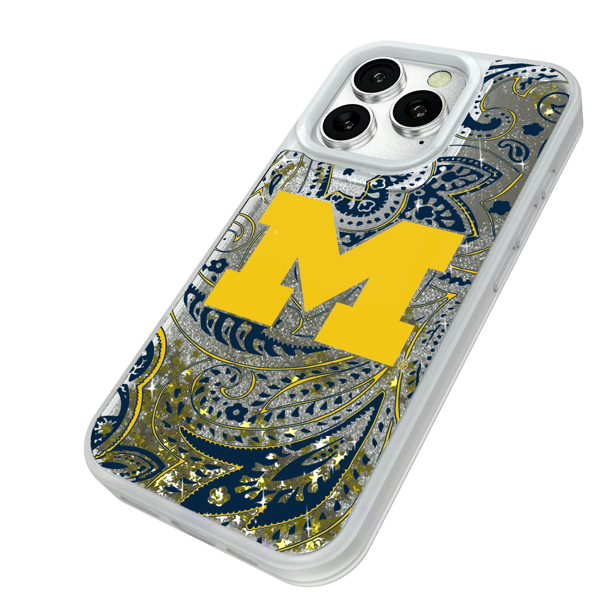 University of Michigan Wolverines Paisley iPhone Glitter Phone Case for Apple iPhone - Isometric View#Device_iPhone 16 Pro
