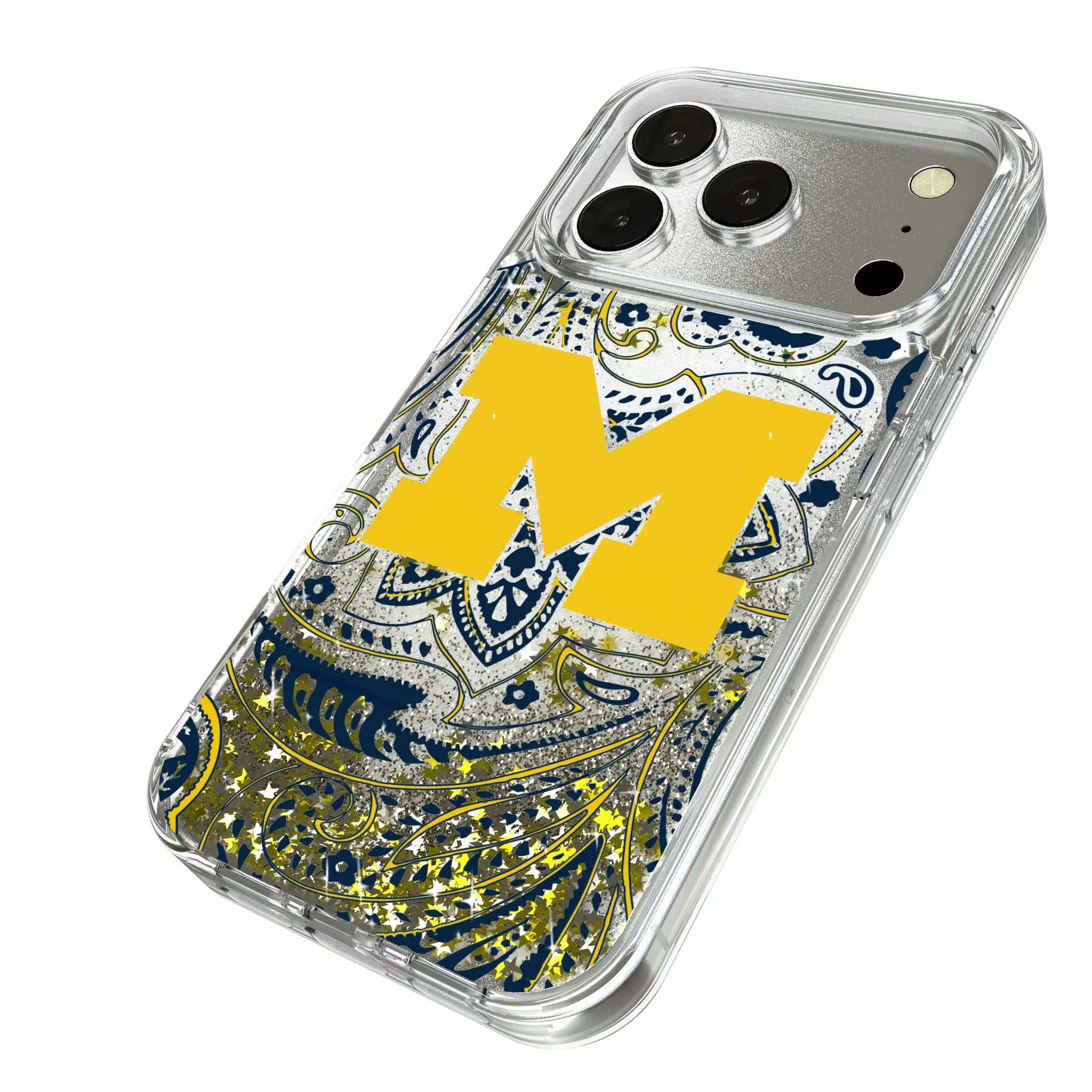 University of Michigan Wolverines Paisley iPhone Glitter Phone Case for Apple iPhone - Isometric View